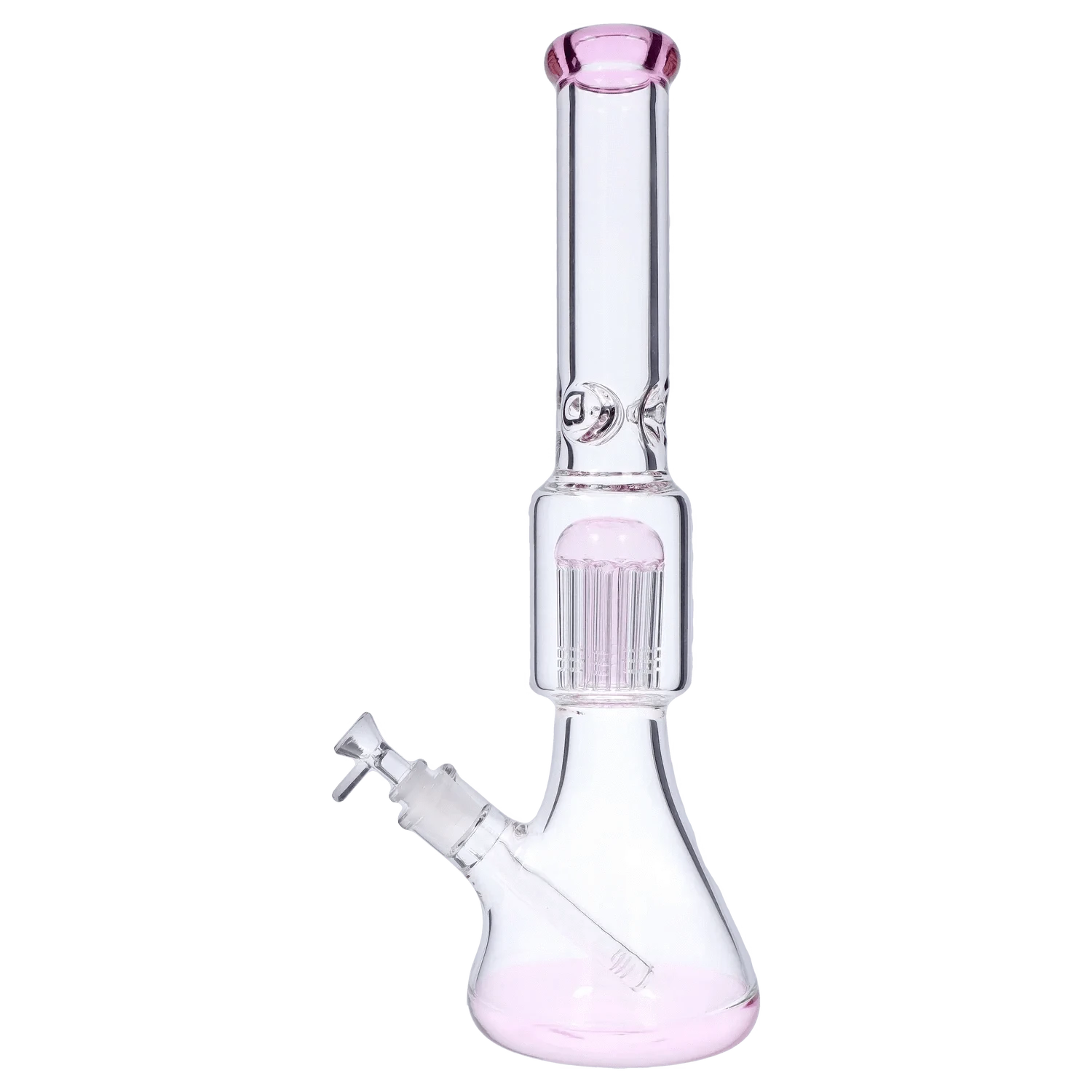 Front view of the DHC 9mm Beaker with Tree Perc Bong - 18 in. showing clear glass with pale pink accents, a straight neck and visible tree percolator.