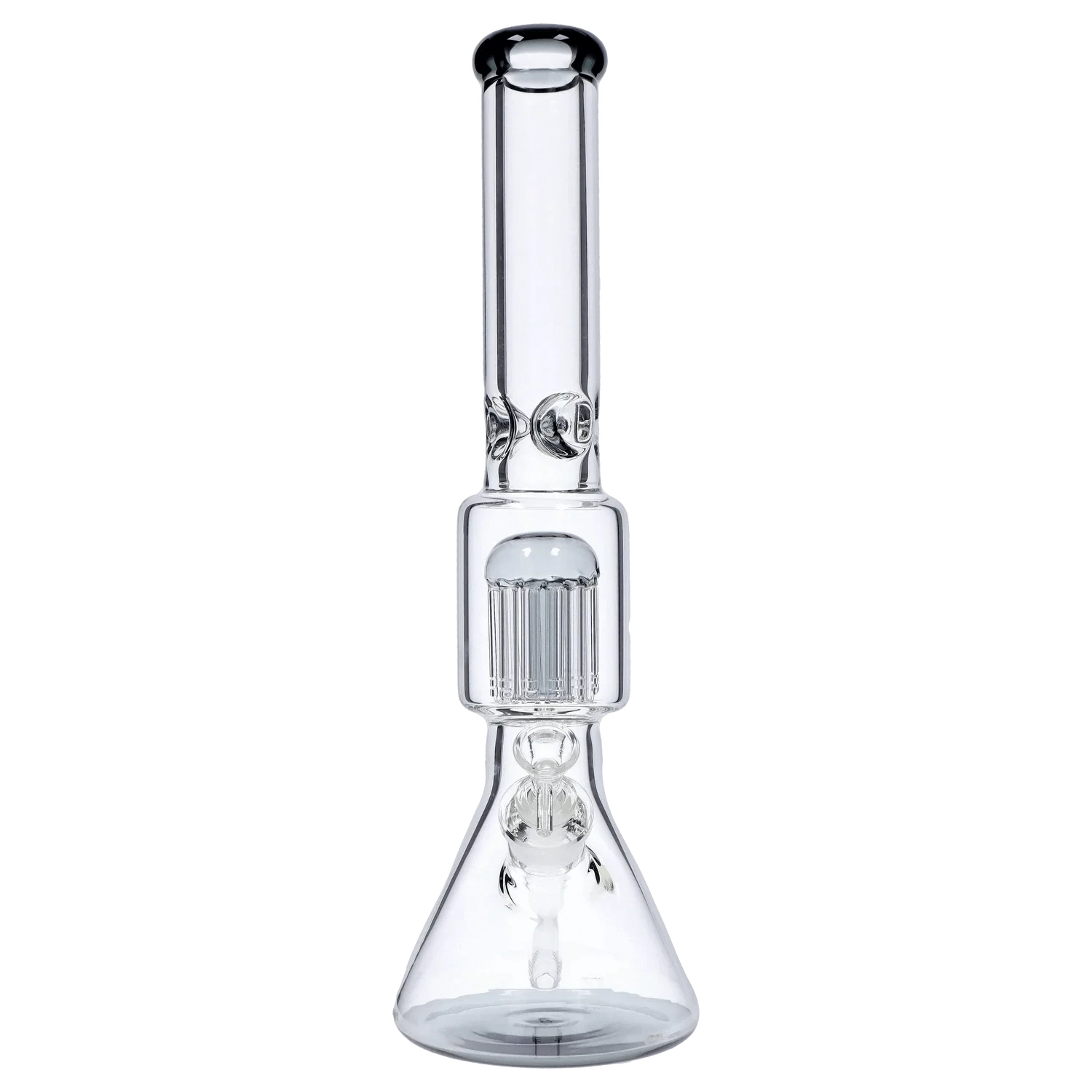 Front-facing shot of the DHC 9mm Beaker with Tree Perc Bong - 18 in., showing its clear glass straight neck, visible tree percolator and beaker base against a plain background