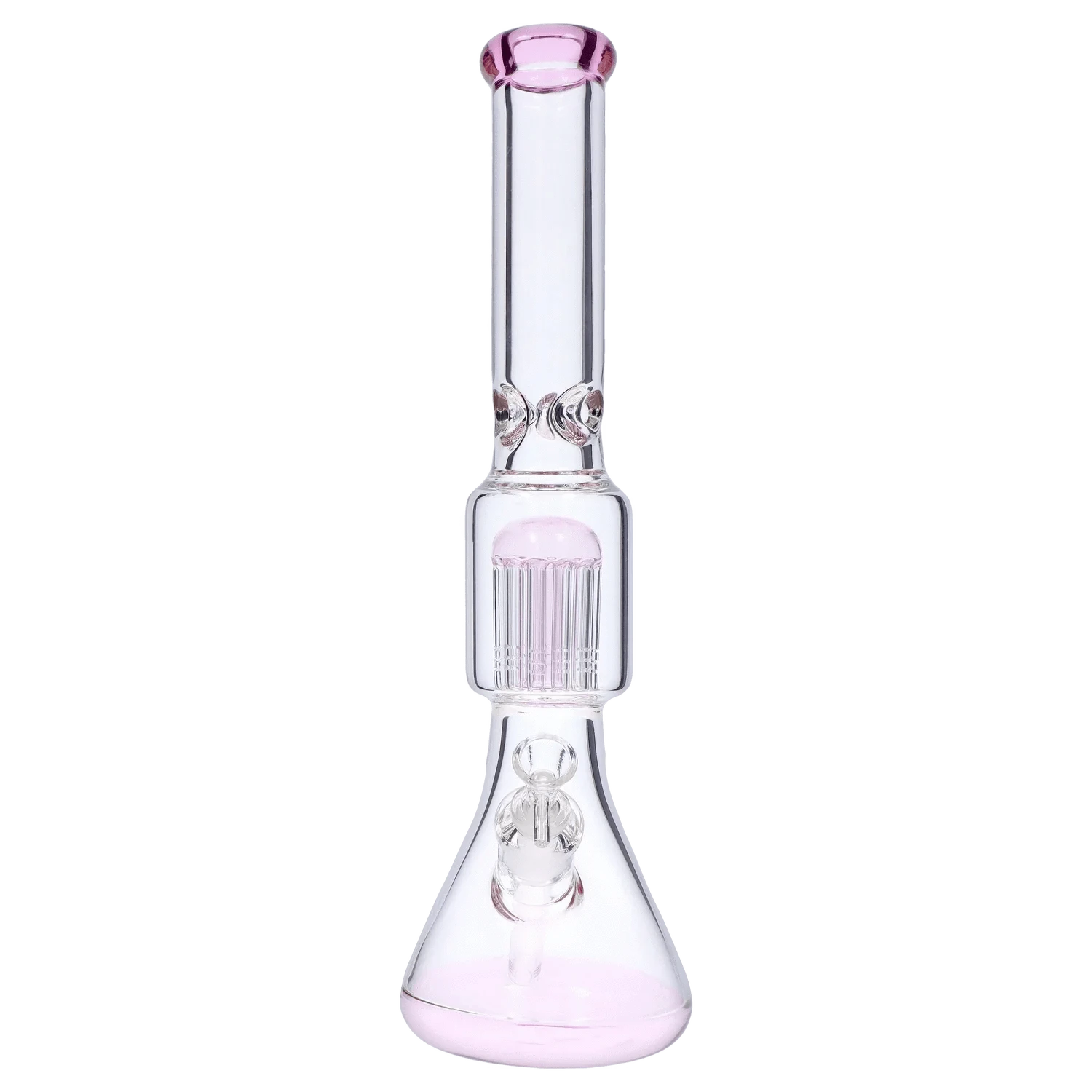 Centered front view of the DHC 9mm Beaker with Tree Perc Bong - 18 in., clear glass with subtle pink accents and a visible tree percolator inside