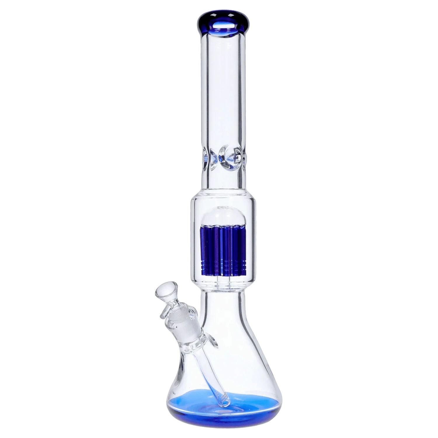 Centered front view of the DHC 9mm Beaker with Tree Perc Bong - 18 in., clear glass with a blue-tinted mouthpiece, tree perc, and blue water in the beaker base