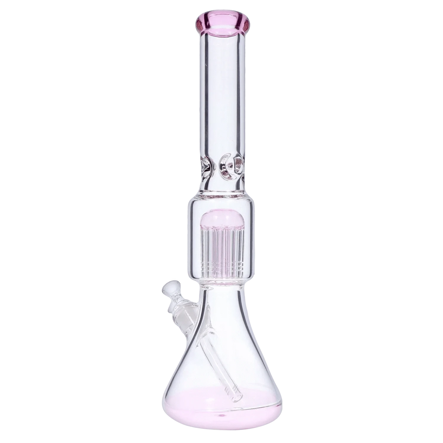 Front-facing view of the DHC 9mm Beaker with Tree Perc Bong - 18 in., clear glass with subtle pink accents and a visible tree percolator inside.