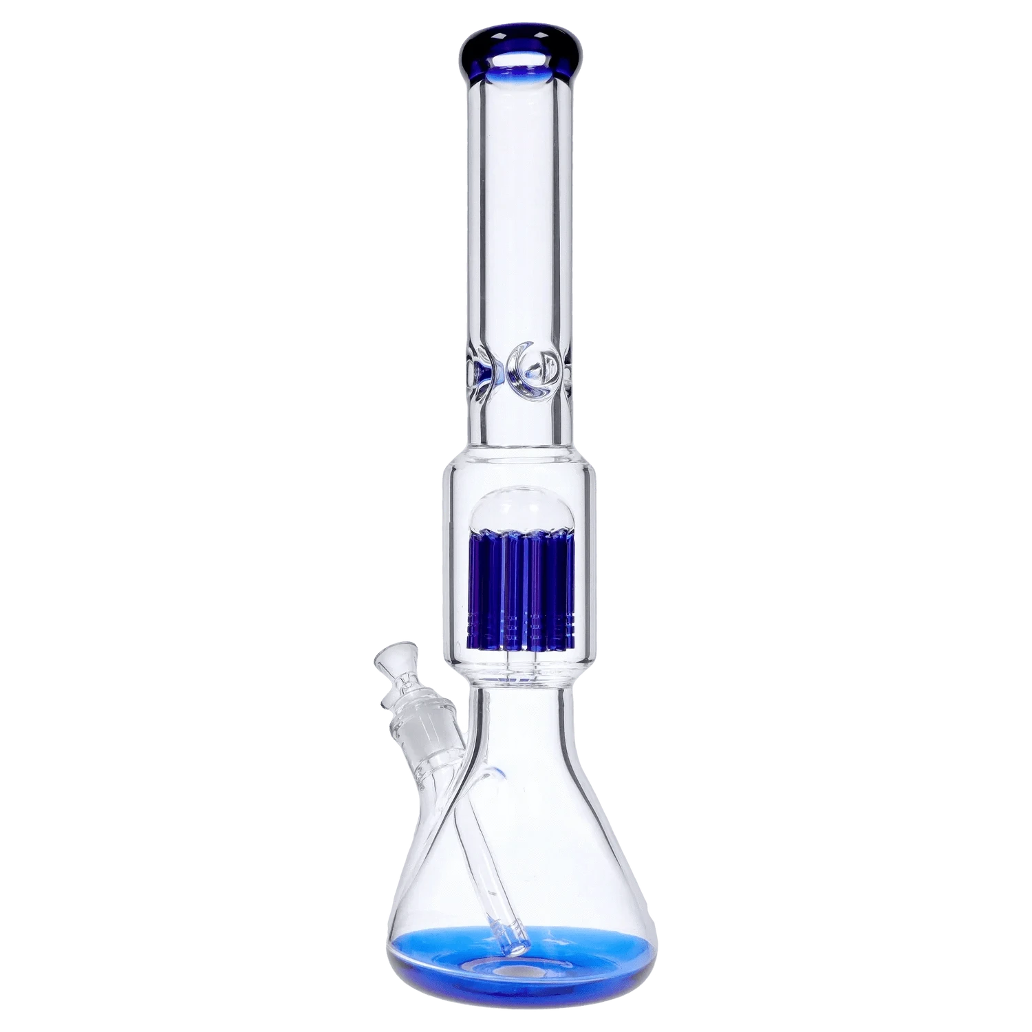 Studio-lit vertical shot of the DHC 9mm Beaker with Tree Perc Bong - 18 in., showing its clear glass neck, blue-rimmed mouthpiece, and blue tree perc inside a beaker base.