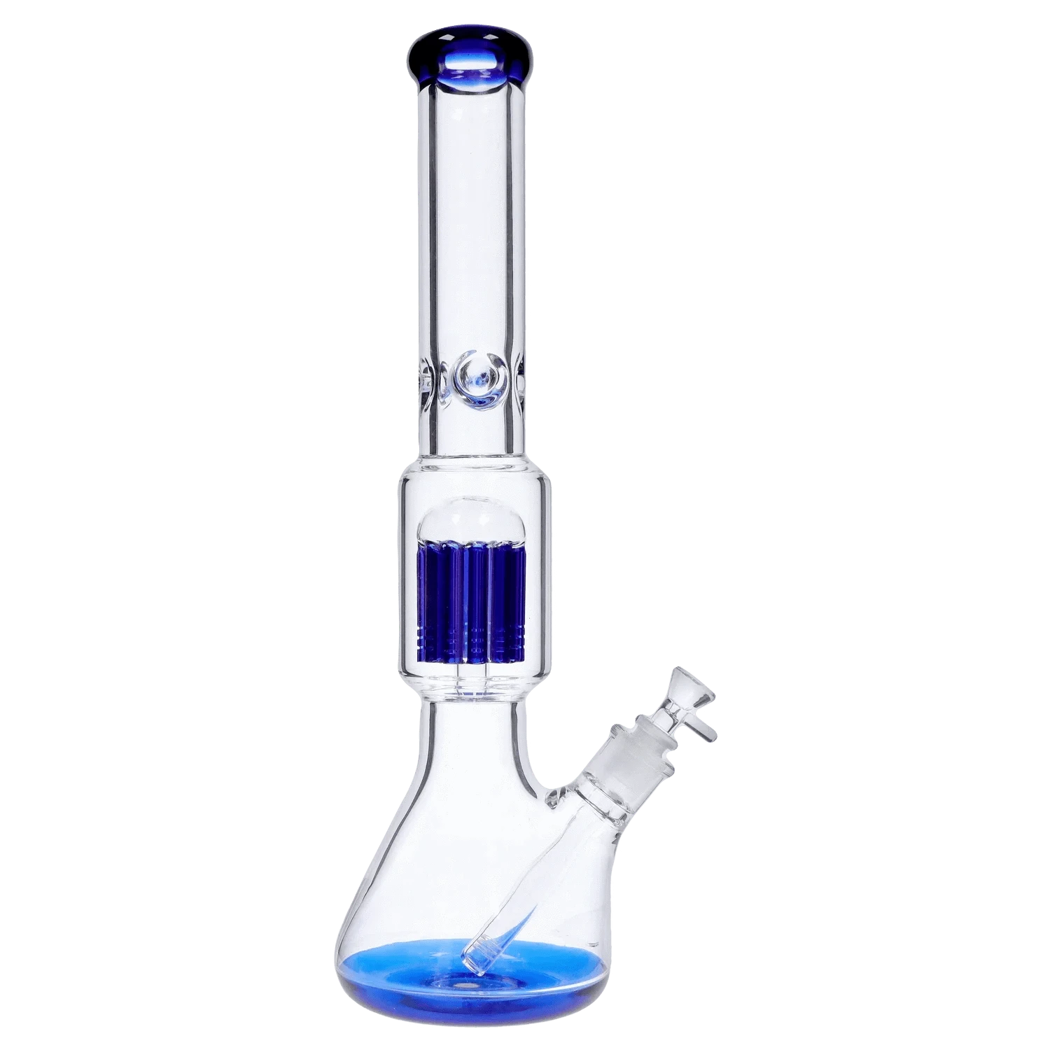 Centered front view of the DHC 9mm Beaker with Tree Perc Bong - 18 in., clear glass with blue accents on the mouthpiece, perc, and base.