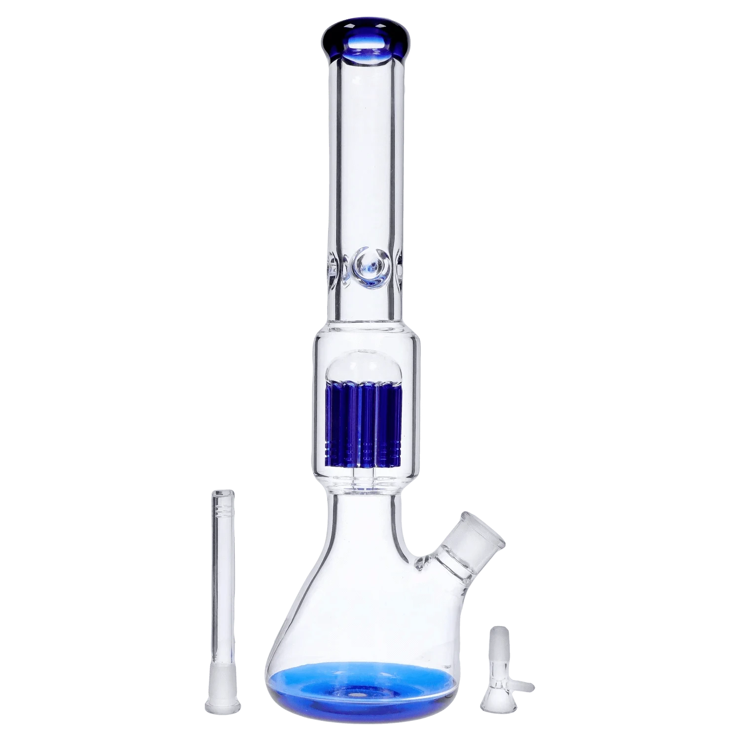 Centered front view of the DHC 9mm Beaker with Tree Perc Bong - 18 in., showing its clear glass tube, blue-tinted mouthpiece and tree perc, and angled joint.
