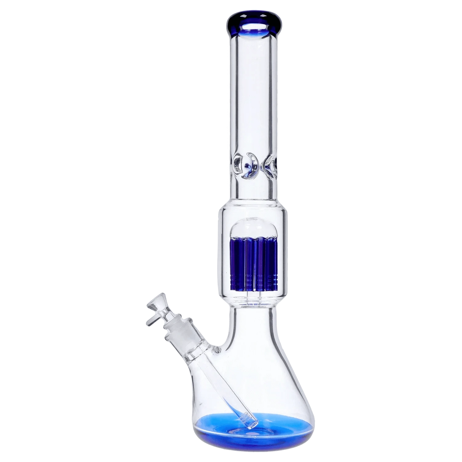Vertical front view of the DHC 9mm Beaker with Tree Perc Bong - 18 in., clear glass with blue accents on the mouthpiece, perc, and water pool.