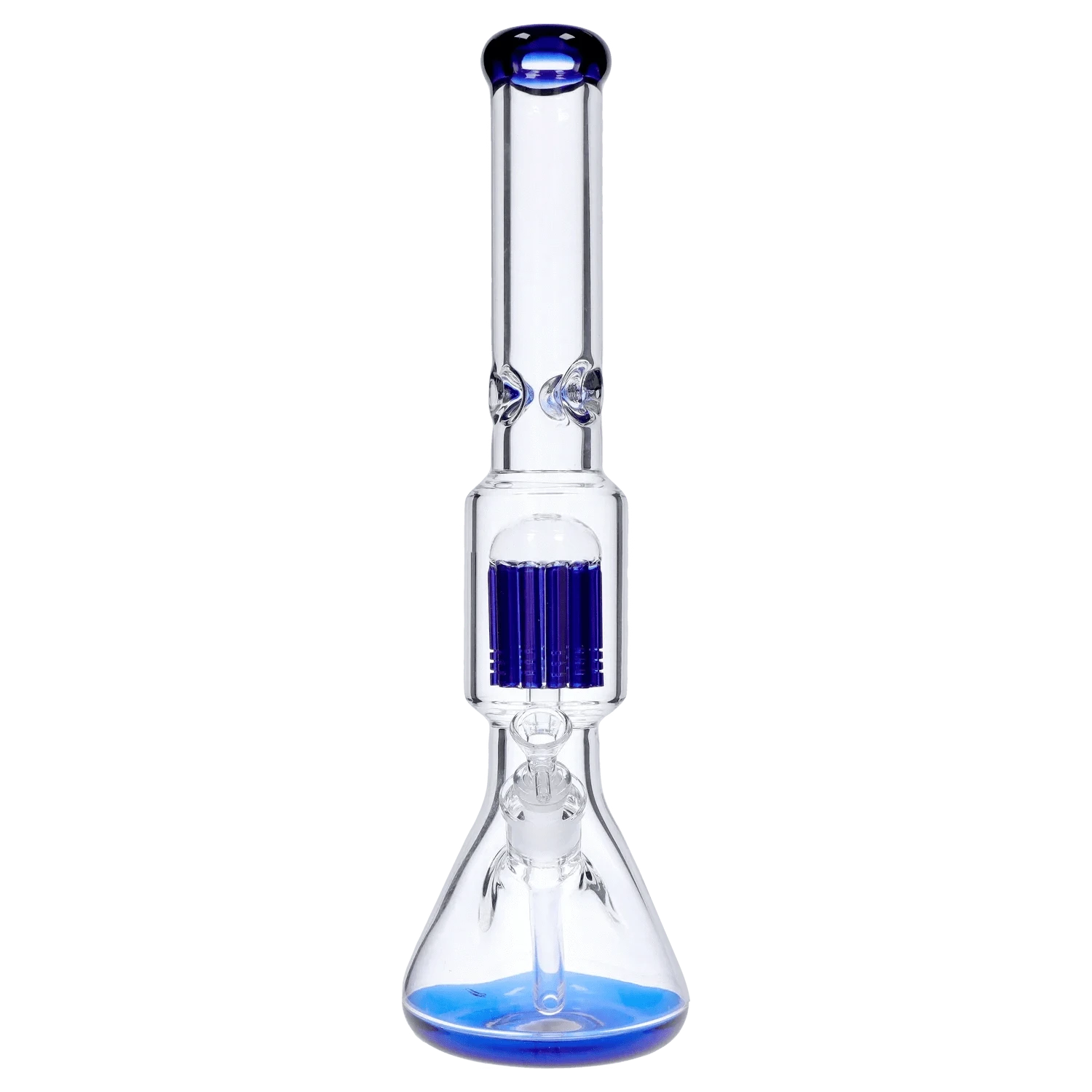 Straight-on view of the DHC 9mm Beaker with Tree Perc Bong - 18 in., showing its clear glass tube, blue-tinted mouthpiece and percolator chamber against a plain background