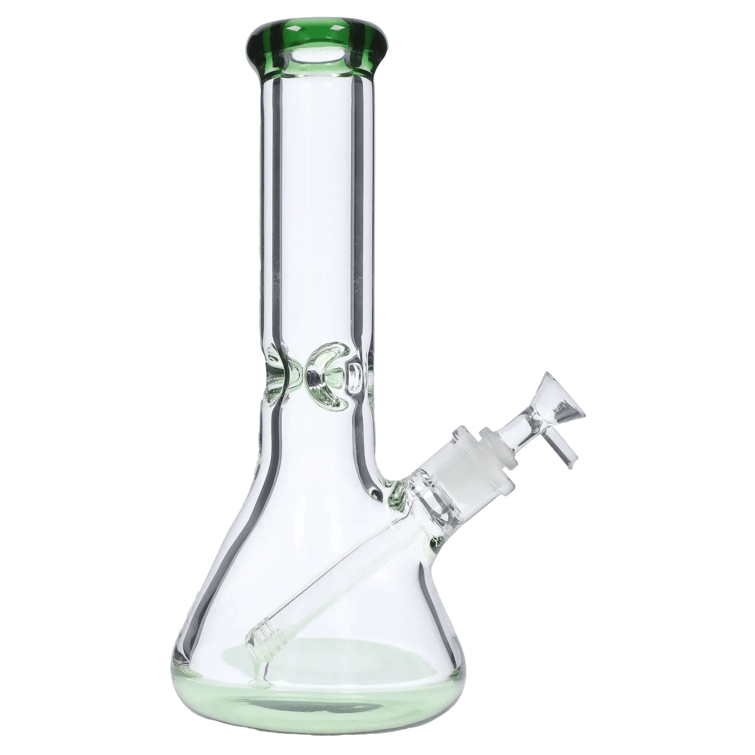 Front three-quarter view of the DHC 9mm Big Base Beaker w/ Color Accents Bong - 12 in. showing its clear glass body with teal-tinted mouthpiece and base against a white background