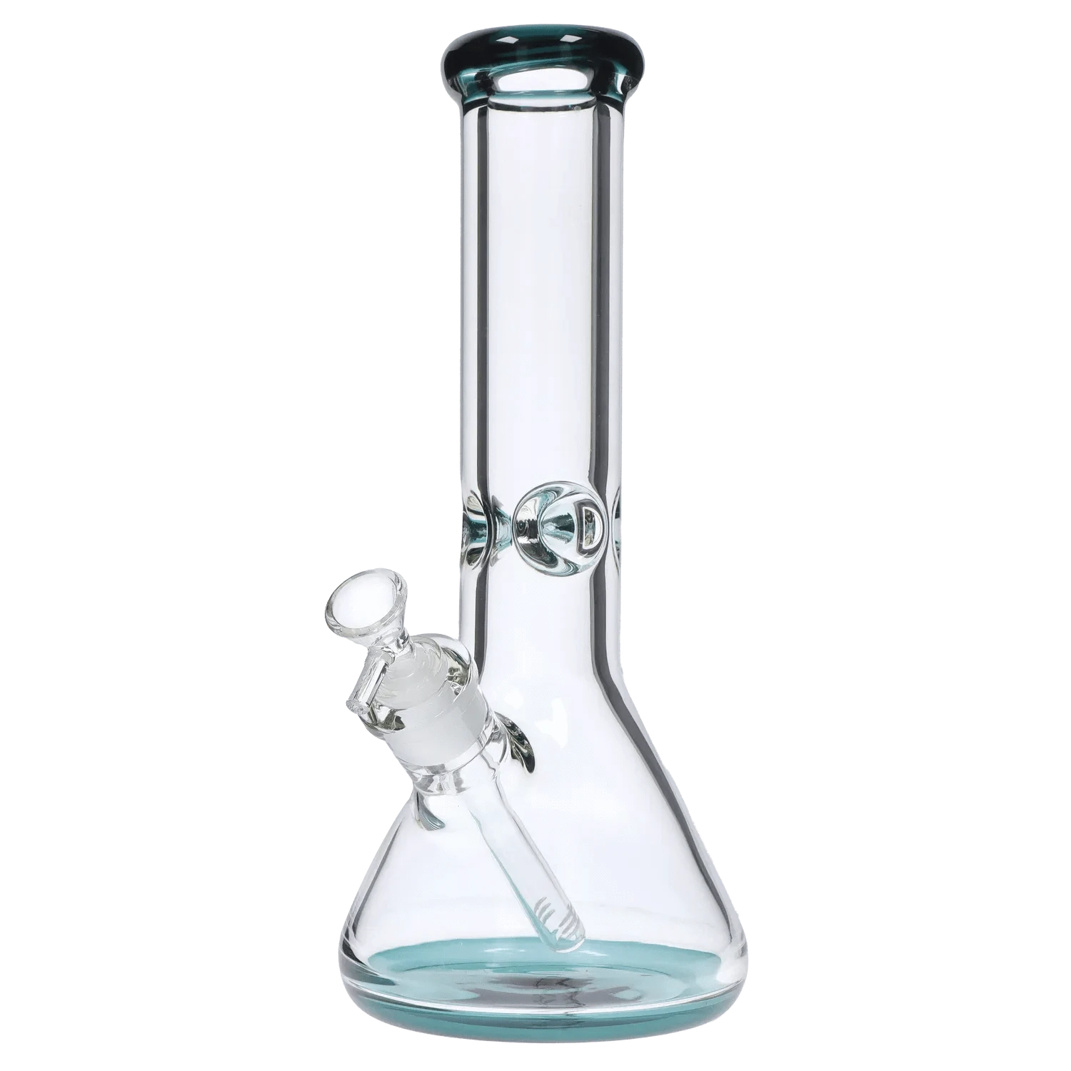 Front-facing view of the DHC 9mm Big Base Beaker w/ Color Accents Bong - 12 in. showing its clear glass tube, teal rim and base accents, and angled downstem.