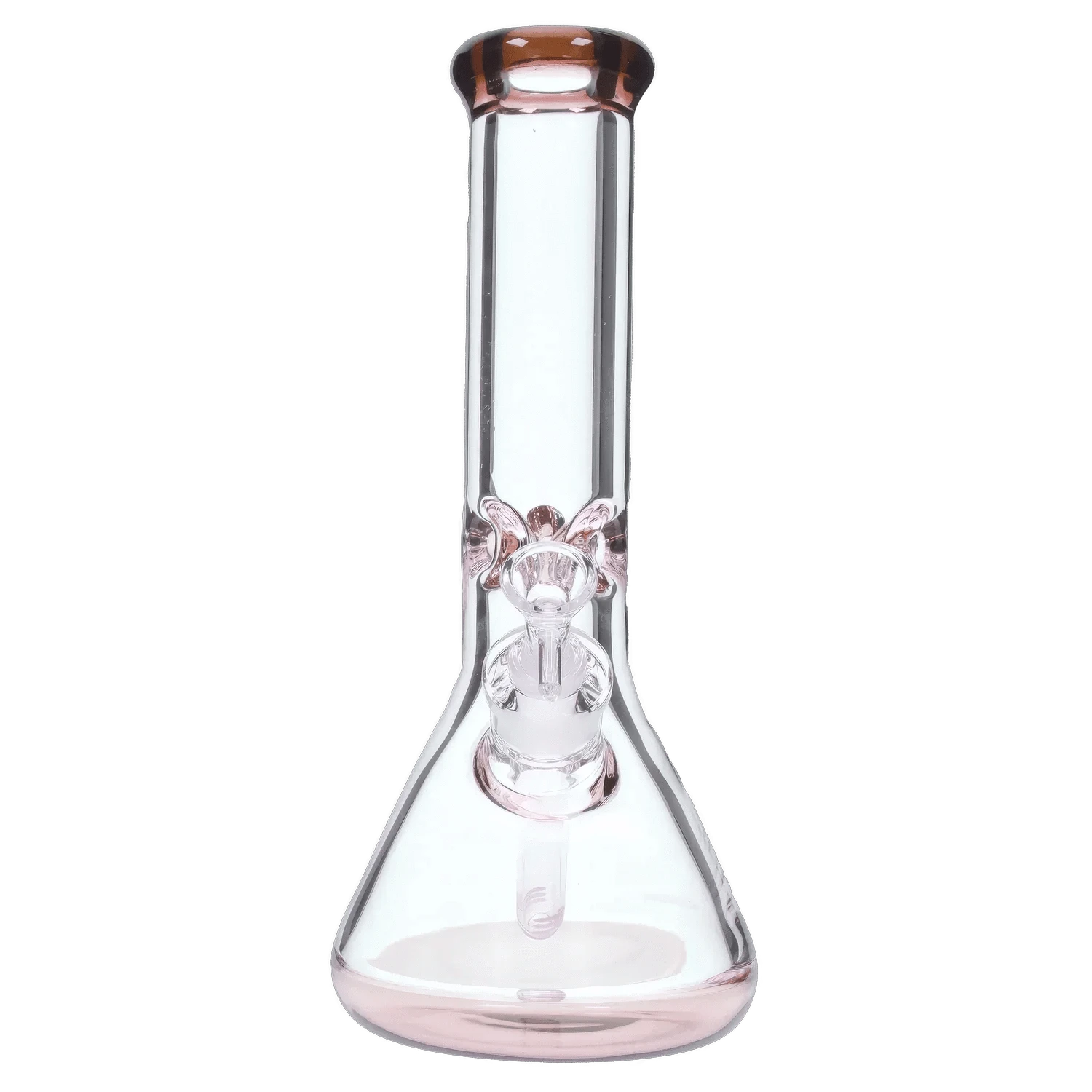 Centered front view of the DHC 9mm Big Base Beaker w/ Color Accents Bong - 12 in., showing its clear glass neck and subtle pink color accents at the mouthpiece and base.
