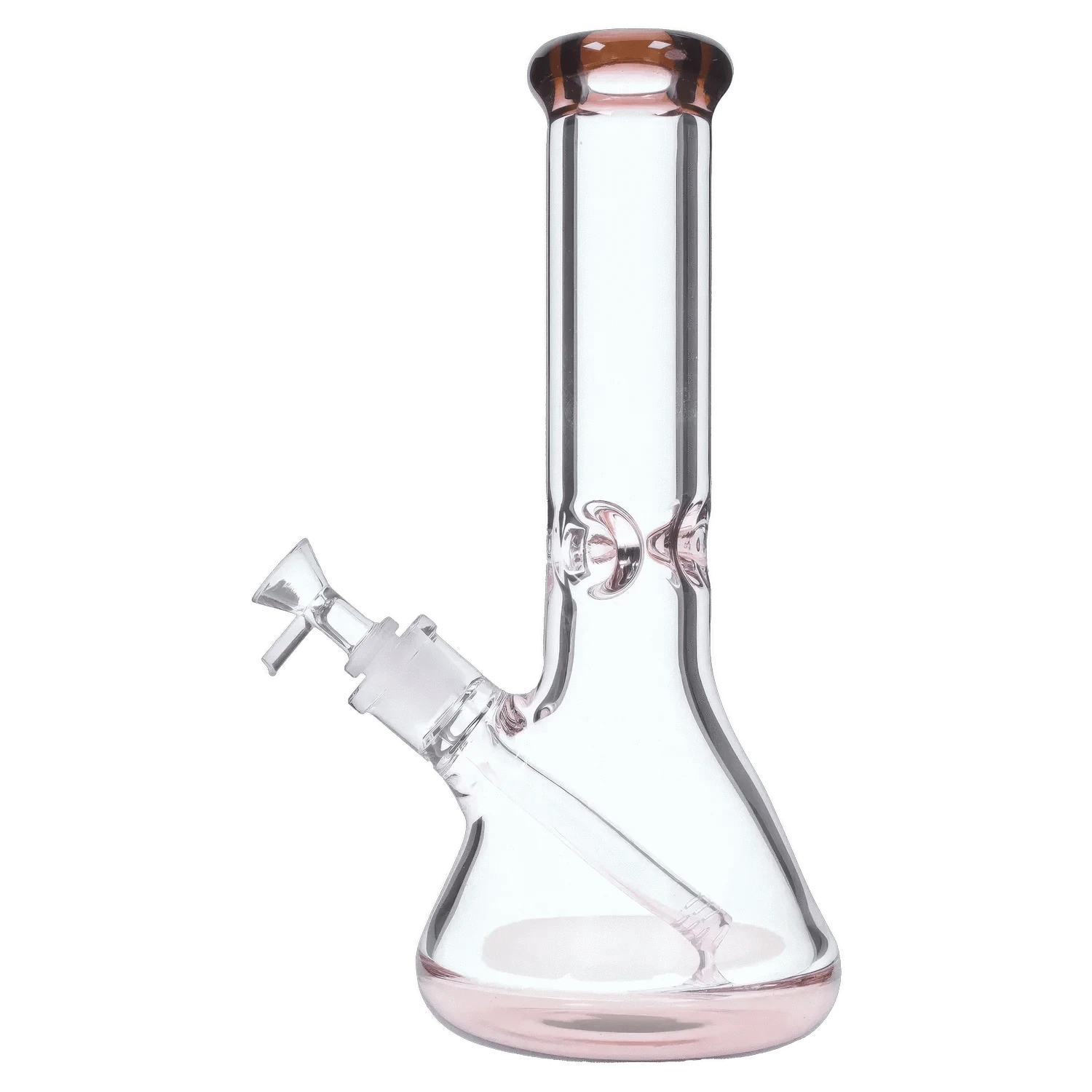 Three-quarter view of the DHC 9mm Big Base Beaker w/ Color Accents Bong - 12 in., showing its clear glass beaker body with subtle pink rim and base accents.