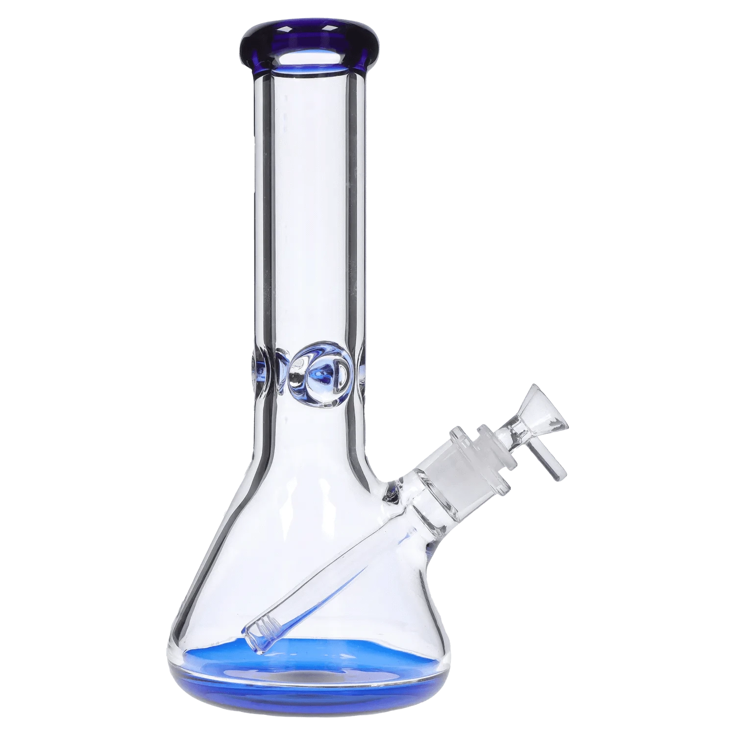 Angled side view of the DHC 9mm Big Base Beaker w/ Color Accents Bong - 12 in., clear glass with blue rim accents and a blue-tinted base.