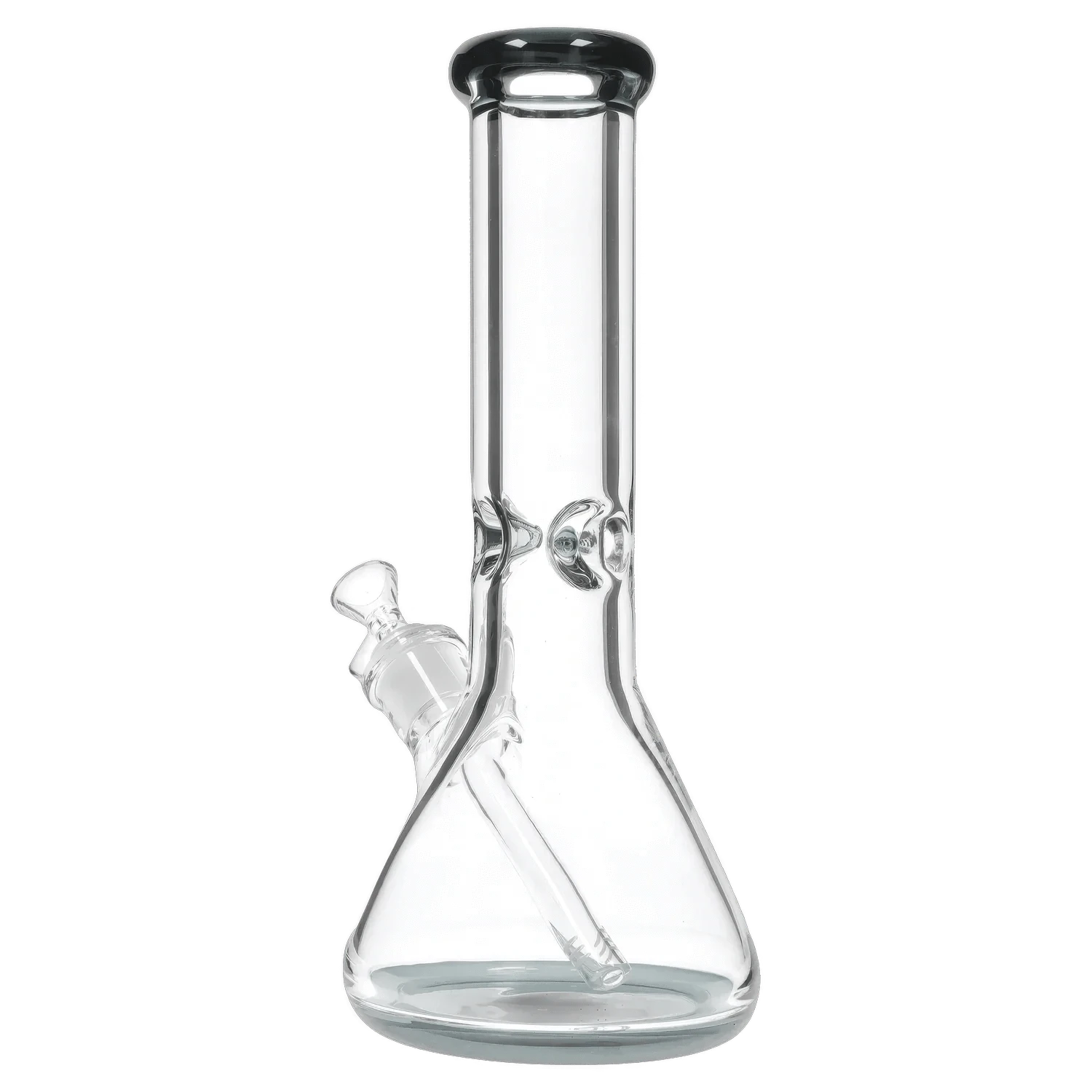 Front view of the clear DHC 9mm Big Base Beaker w/ Color Accents Bong - 12 in., shown against a white background with its straight neck and angled downstem visible.