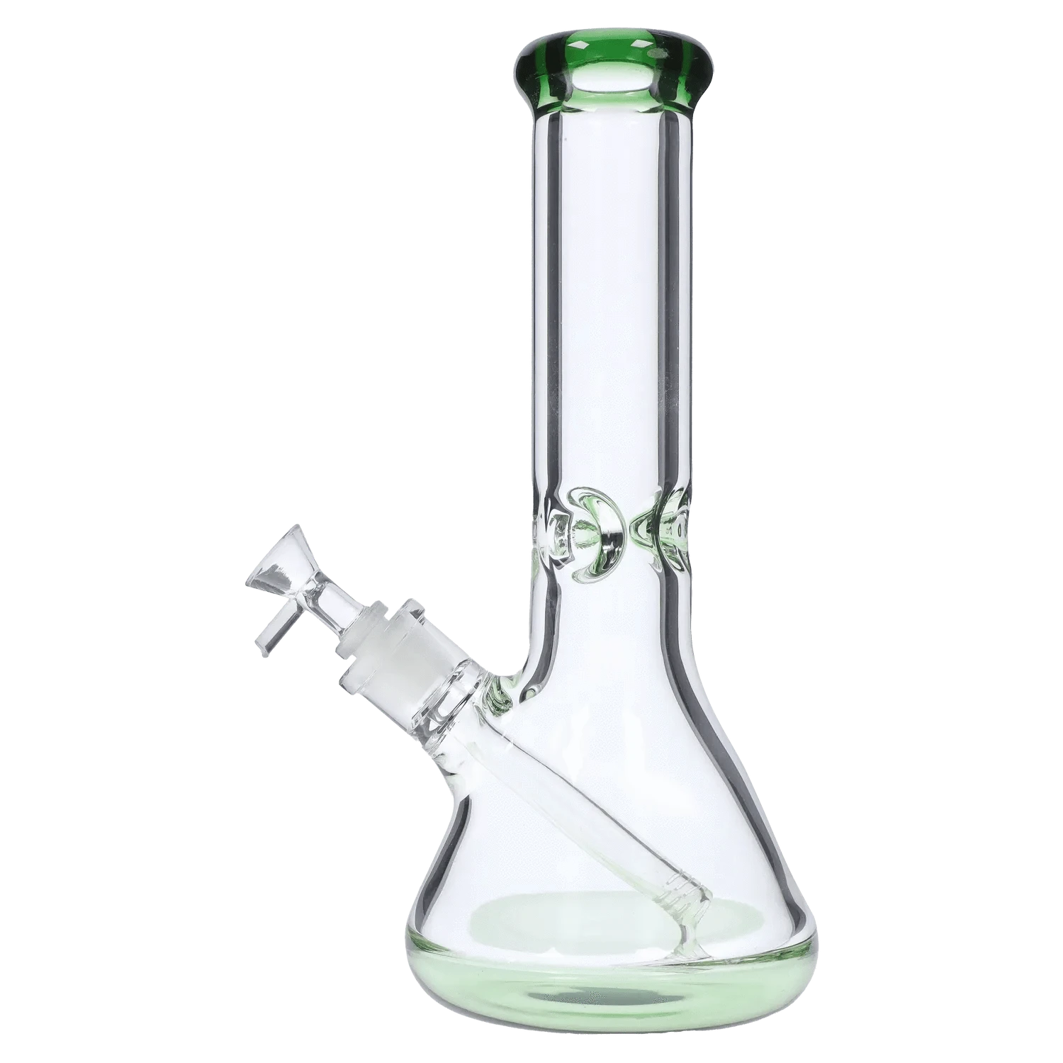 Front three-quarter view of the DHC 9mm Big Base Beaker w/ Color Accents Bong - 12 in., showing its clear glass beaker body, angled downstem, and green-tinted rim and base.