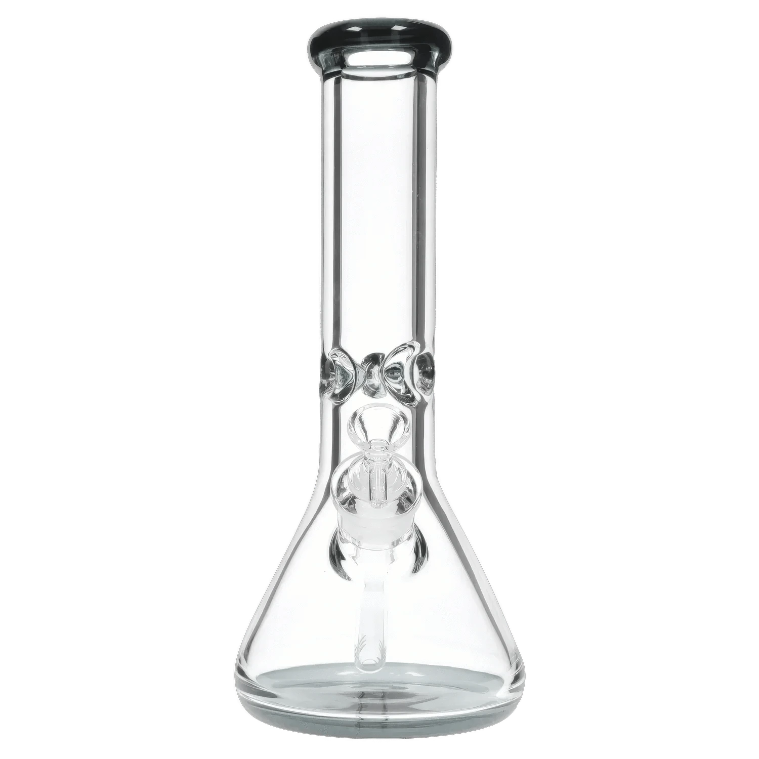 Front-facing view of the DHC 9mm Big Base Beaker w/ Color Accents Bong - 12 in., clear glass tube rising from a wide beaker base with decorative glass accents.
