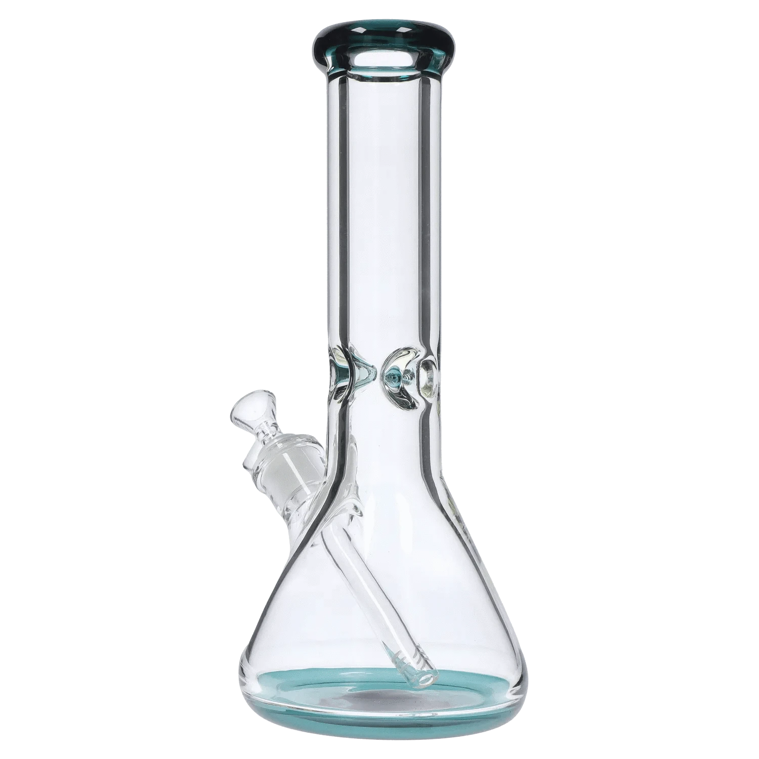 Straight-on view of the DHC 9mm Big Base Beaker w/ Color Accents Bong - 12 in., showing its clear beaker body, teal-tinted base and mouthpiece, and angled downstem.