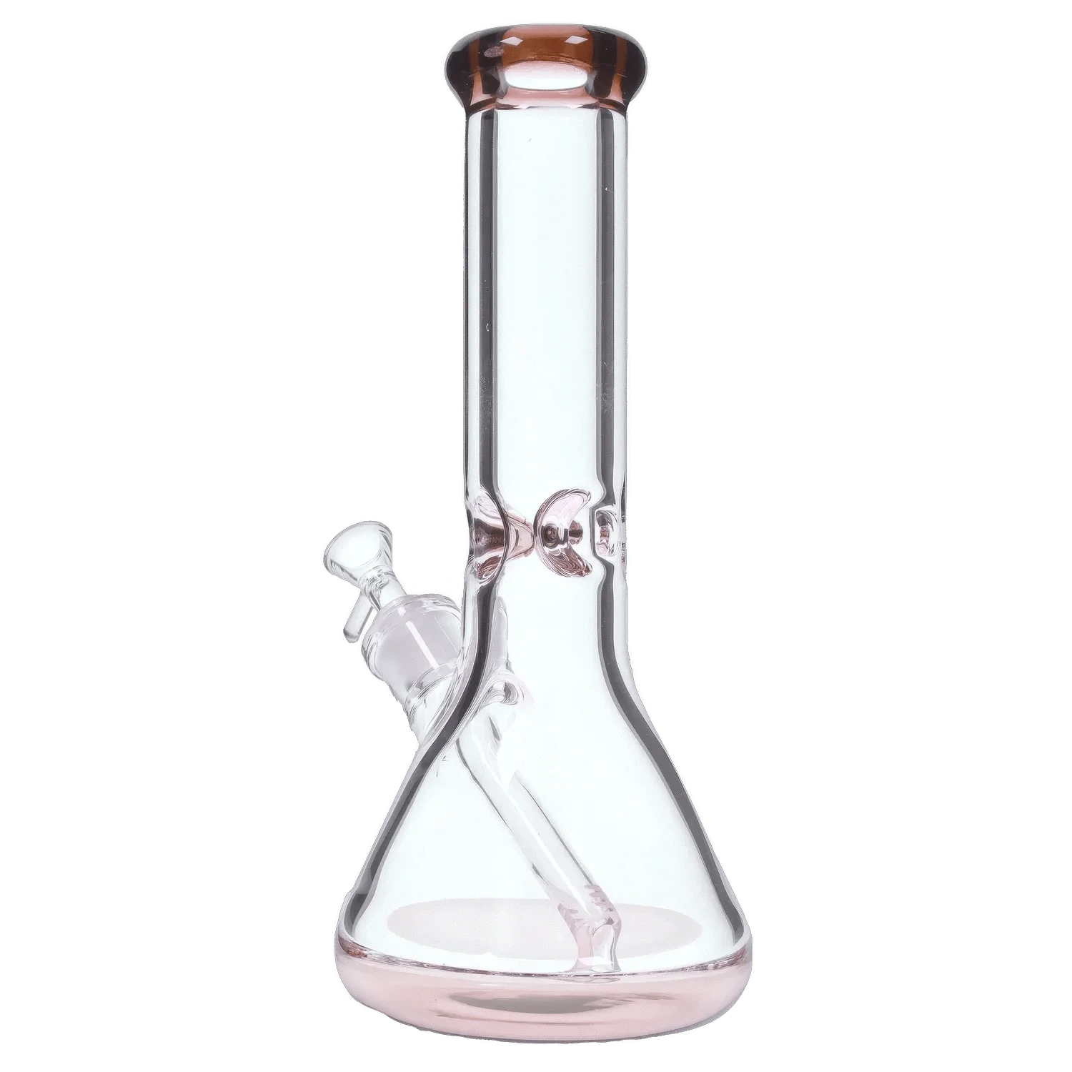 Front-facing view of the DHC 9mm Big Base Beaker w/ Color Accents Bong - 12 in., showing clear glass with subtle pink accents at the mouthpiece and base.