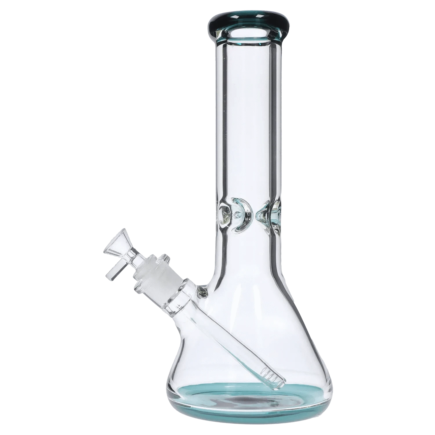 Right-side profile of the DHC 9mm Big Base Beaker w/ Color Accents Bong - 12 in., showing its clear glass tube, teal-accented mouthpiece and base, and angled downstem.