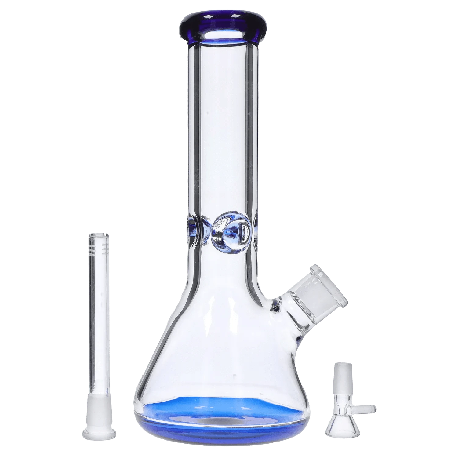 Front view of the DHC 9mm Big Base Beaker w/ Color Accents Bong - 12 in., showing its clear glass beaker body with blue-rimmed mouthpiece and matching blue base accents.