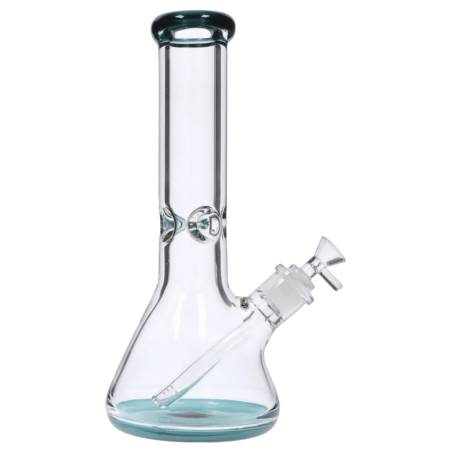 Studio-style front view of the DHC 9mm Big Base Beaker w/ Color Accents Bong - 12 in., showing its clear glass tube, aqua-tinted base and matching rim.