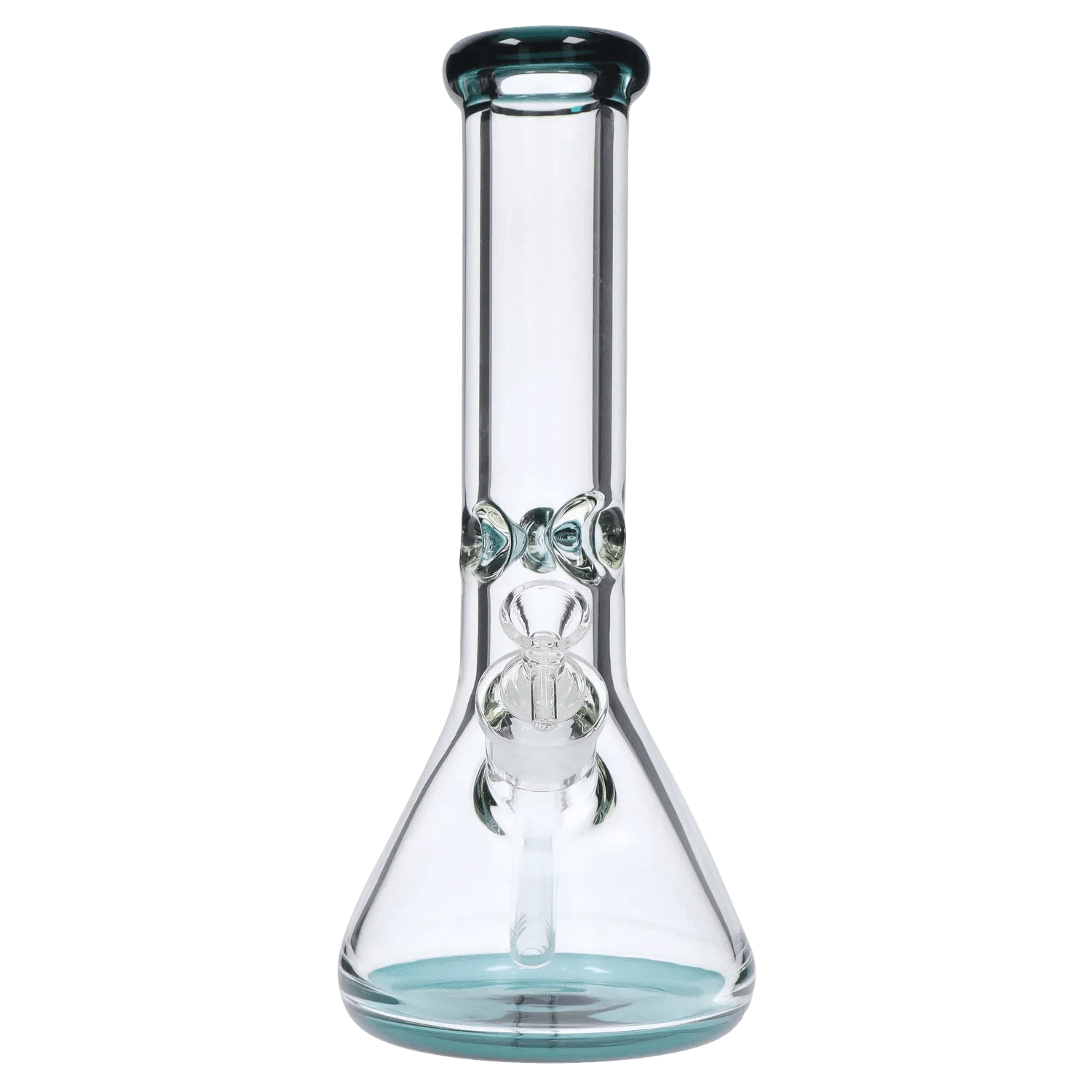 Front-facing view of the DHC 9mm Big Base Beaker w/ Color Accents Bong - 12 in., showing its clear glass neck, teal rim and base accents, and centered bowl.
