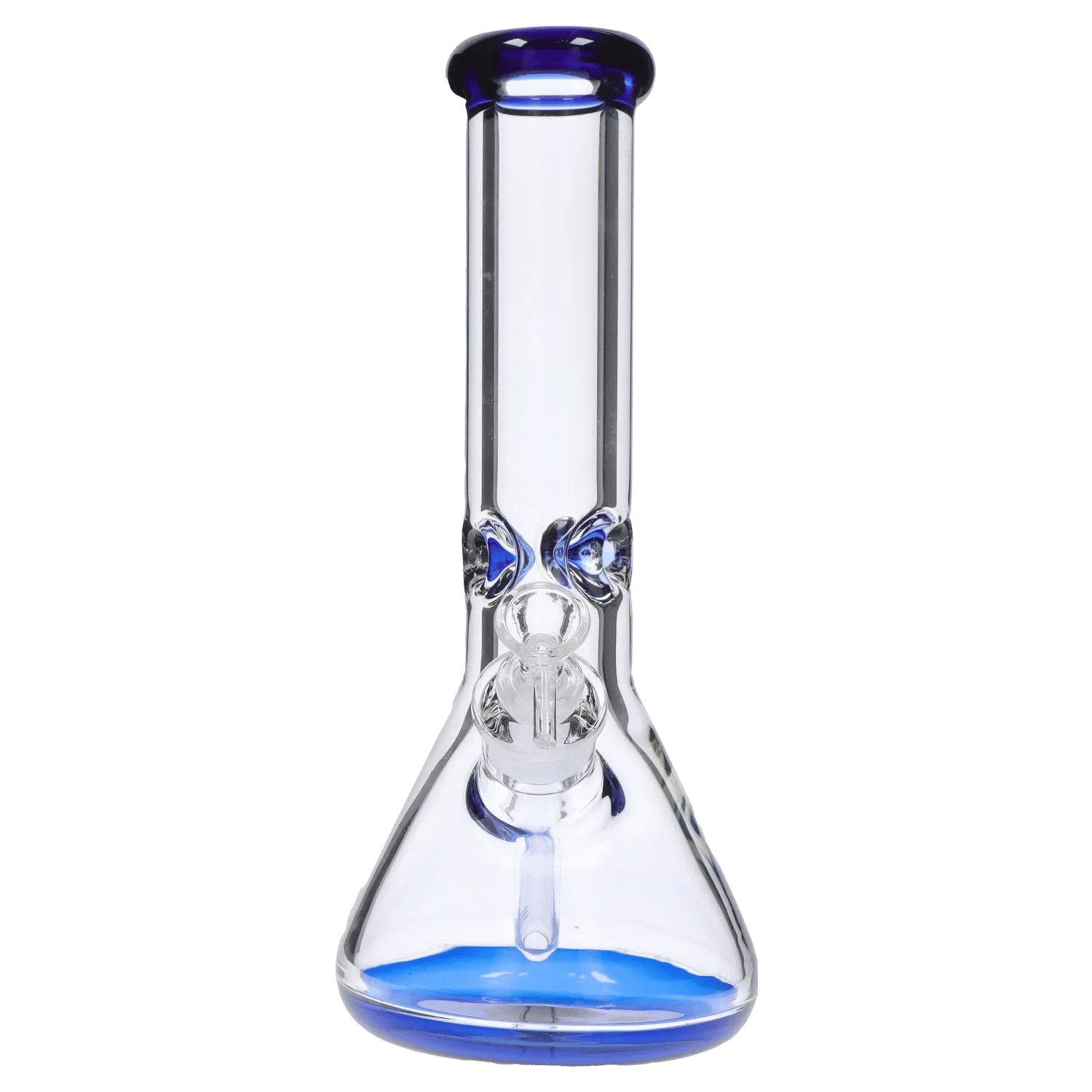 Front-facing close-up of the DHC 9mm Big Base Beaker w/ Color Accents Bong - 12 in., showing its clear glass tube, blue-rimmed mouthpiece and blue-accented base.