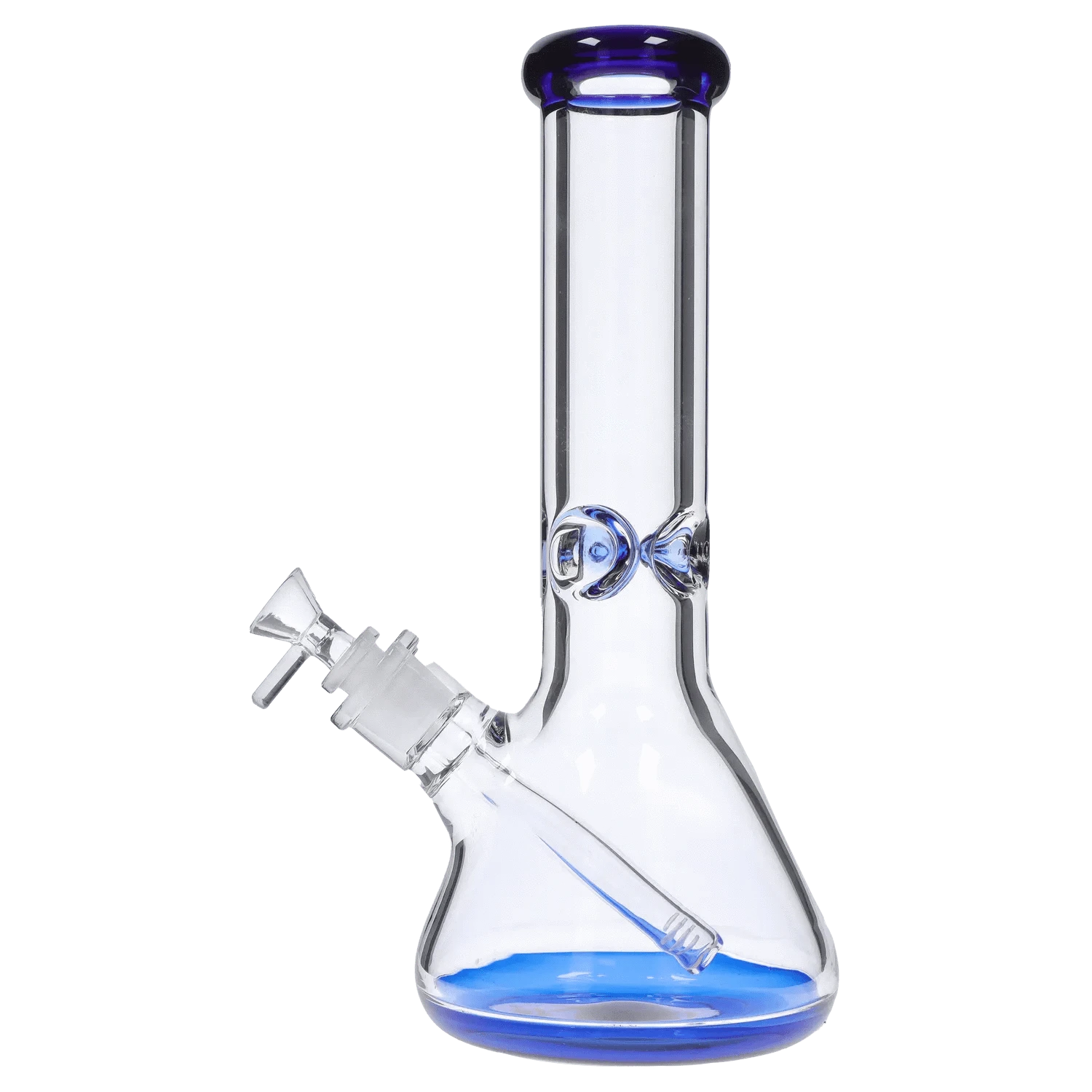 Angled close-up of the DHC 9mm Big Base Beaker w/ Color Accents Bong - 12 in., showing its clear glass neck, blue-rimmed mouthpiece, and blue-accented beaker base.