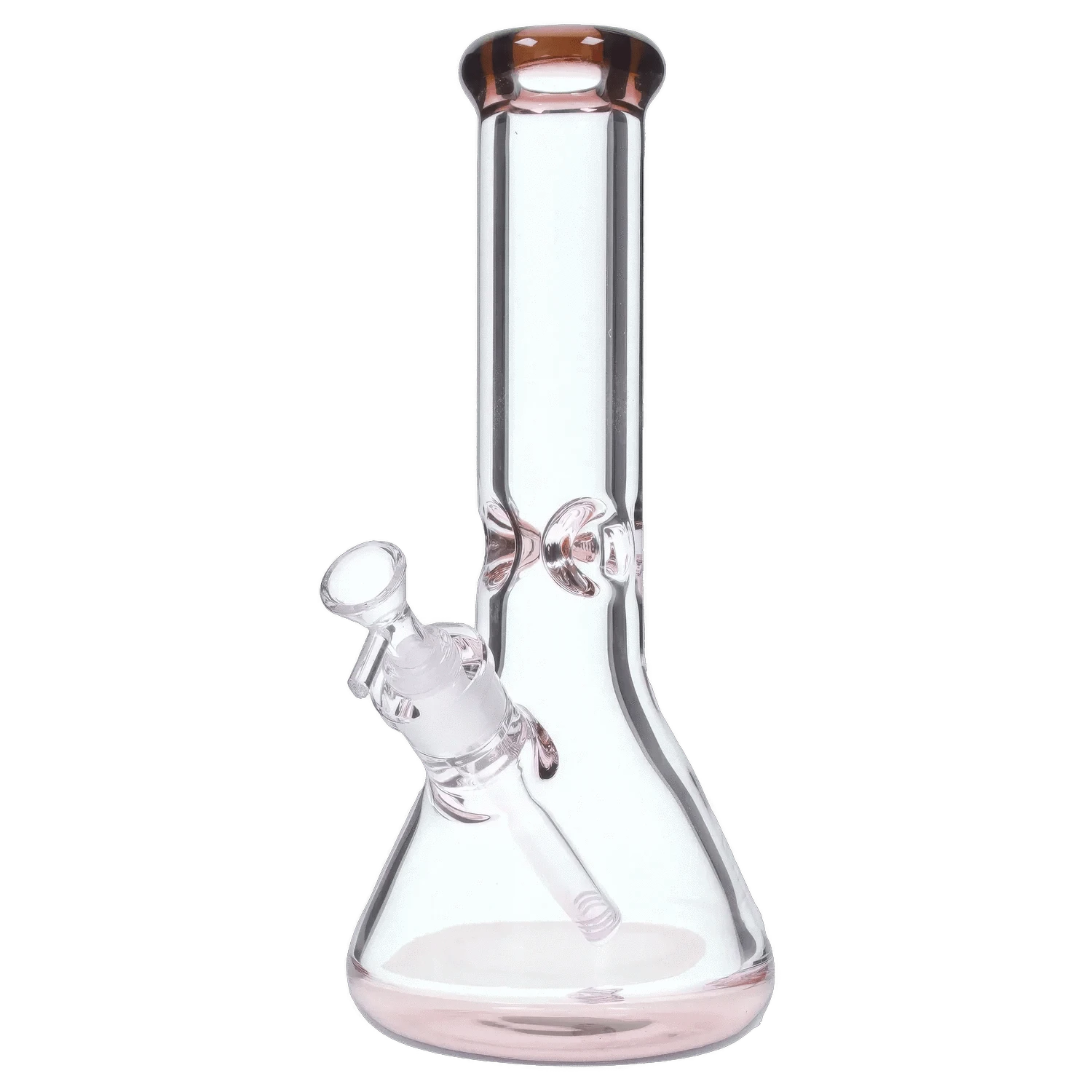Front view of the DHC 9mm Big Base Beaker w/ Color Accents Bong - 12 in. showing a clear glass beaker with pink-tinted mouthpiece and base.