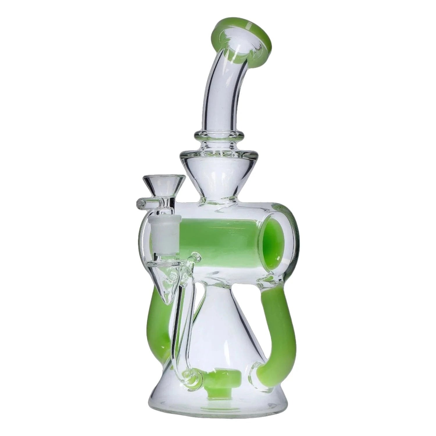 Close-up front view of the DHC Barrel w/ Circ Perc Bong - 7.5 in. showing clear glass with lime-green accents and curved neck against a white background