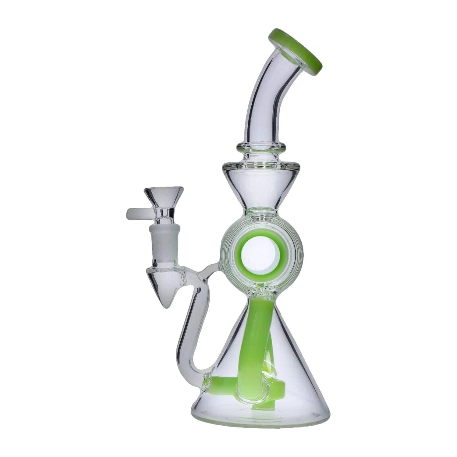 Angled close-up of the clear glass DHC Barrel w/ Circ Perc Bong - 7.5 in. showing a green internal percolator and matching green mouthpiece against a white background