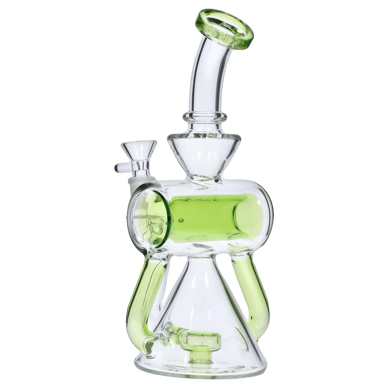 Angled front view of the DHC Barrel w/ Circ Perc Bong - 7.5 in. showing clear glass with translucent lime-green accents.