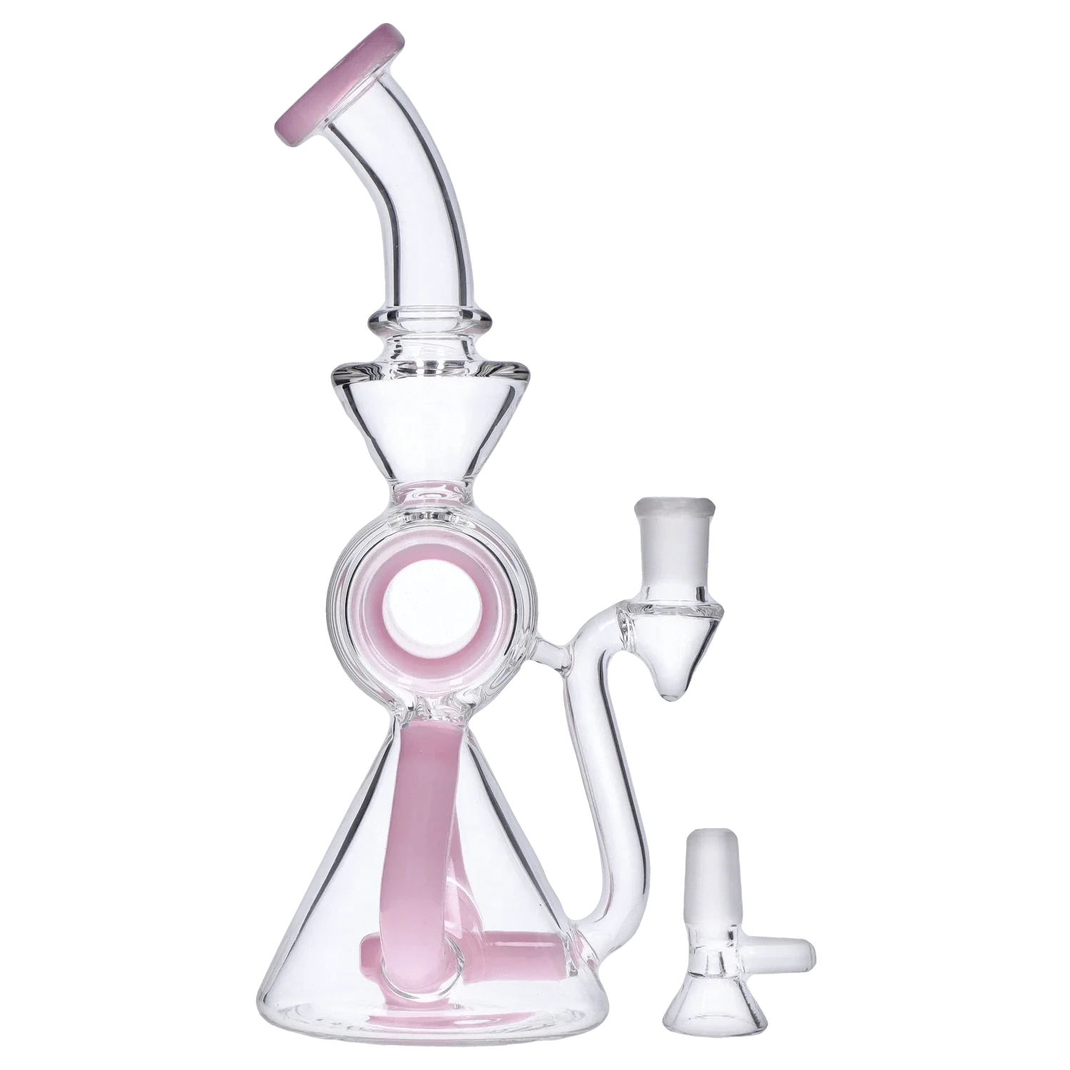 Angled front view of the DHC Barrel w/ Circ Perc Bong - 7.5 in. showing clear glass with pale pink accents and detached bowl.