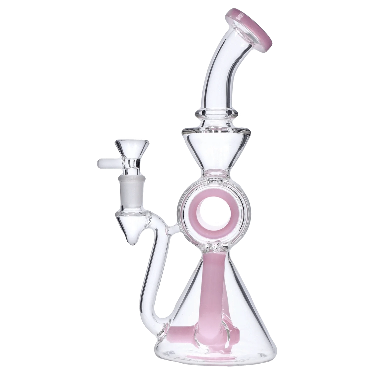 Angled close-up of the DHC Barrel w/ Circ Perc Bong - 7.5 in., showing its clear glass body with pink accents and upward-slanting mouthpiece.