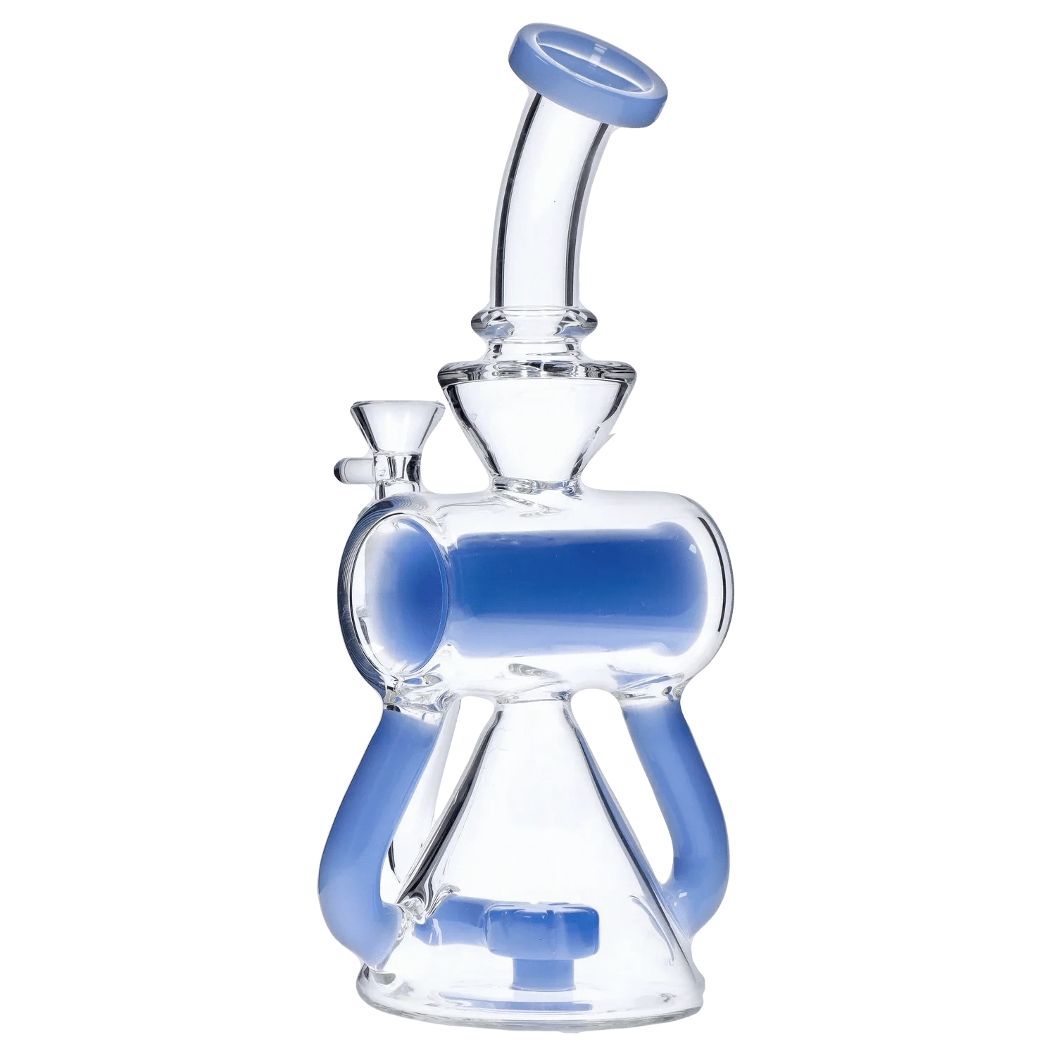 Angled front view of the DHC Barrel w/ Circ Perc Bong - 7.5 in. showing clear glass with blue accents, curved neck, and cylindrical chamber.