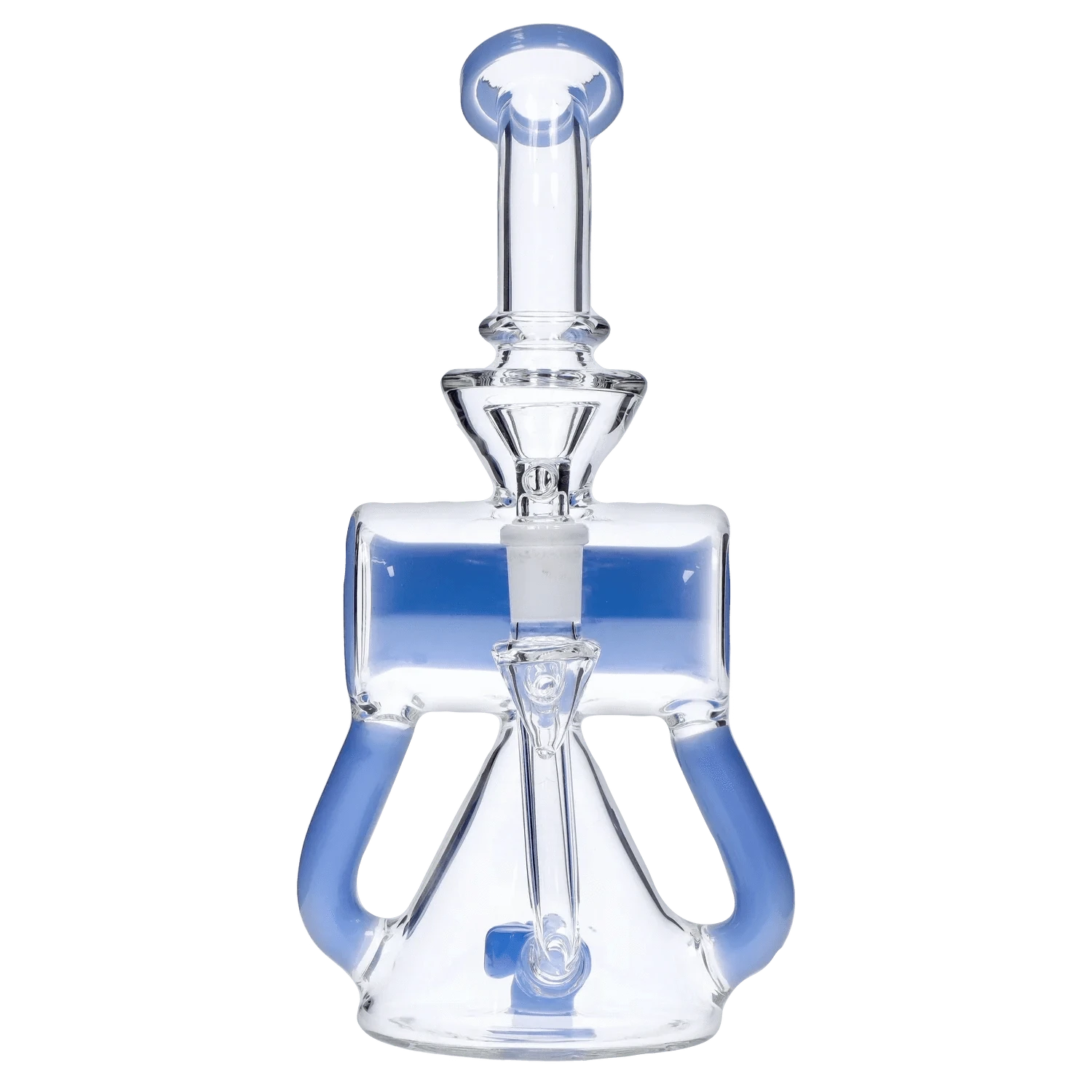 Center-frontal view of the clear and blue DHC Barrel w/ Circ Perc Bong - 7.5 in., highlighting its triangular body and curved blue handles.