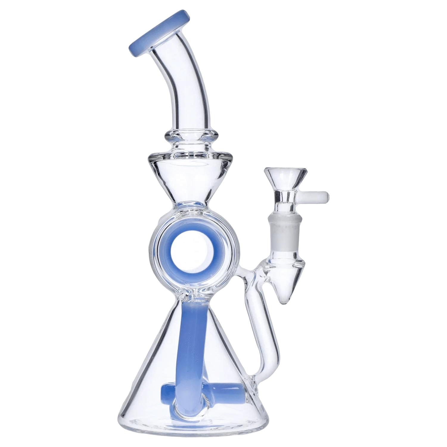 Three-quarter view of the DHC Barrel w/ Circ Perc Bong - 7.5 in., showing clear glass with blue accents, angled mouthpiece, and side bowl.