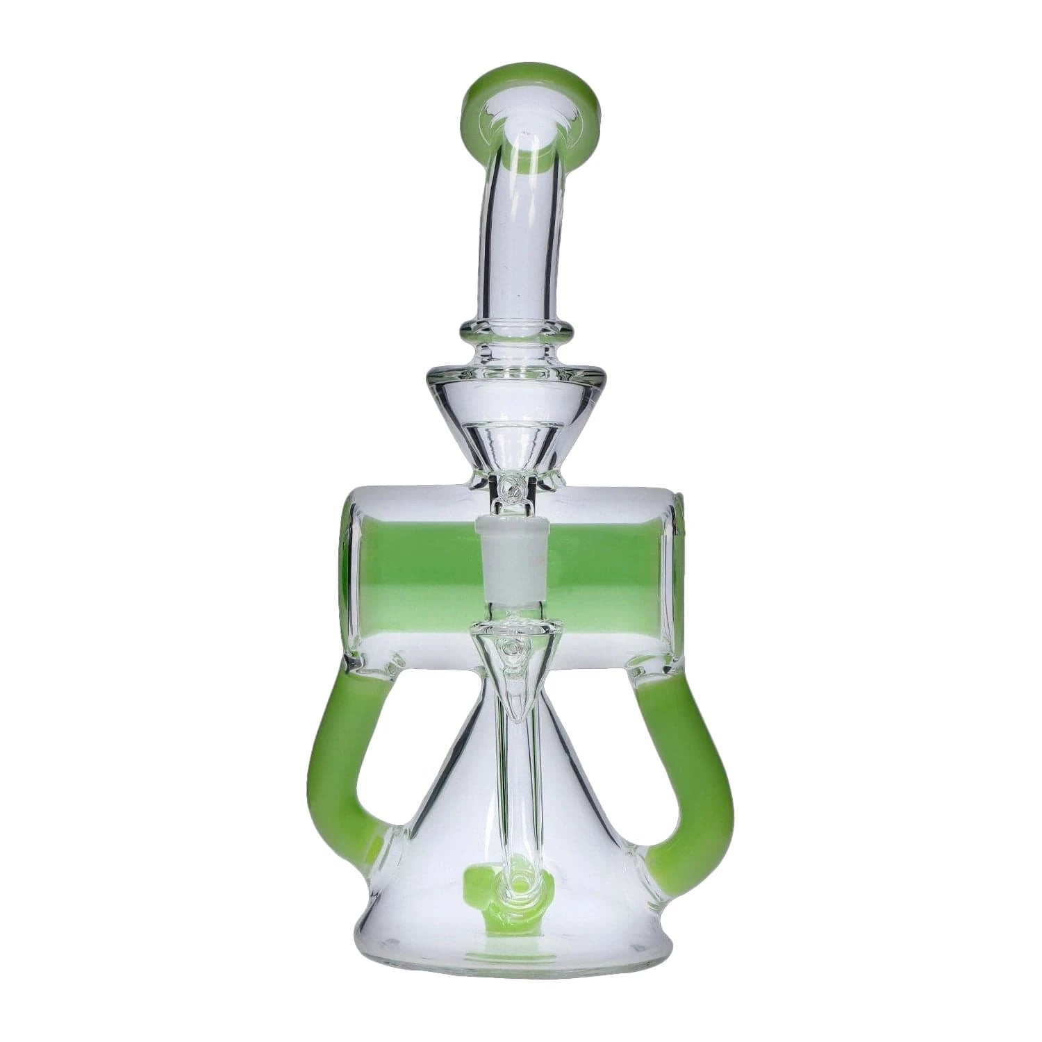 Centered front view of the DHC Barrel w/ Circ Perc Bong - 7.5 in. showing clear glass with green-accented handles and a horizontal barrel chamber.