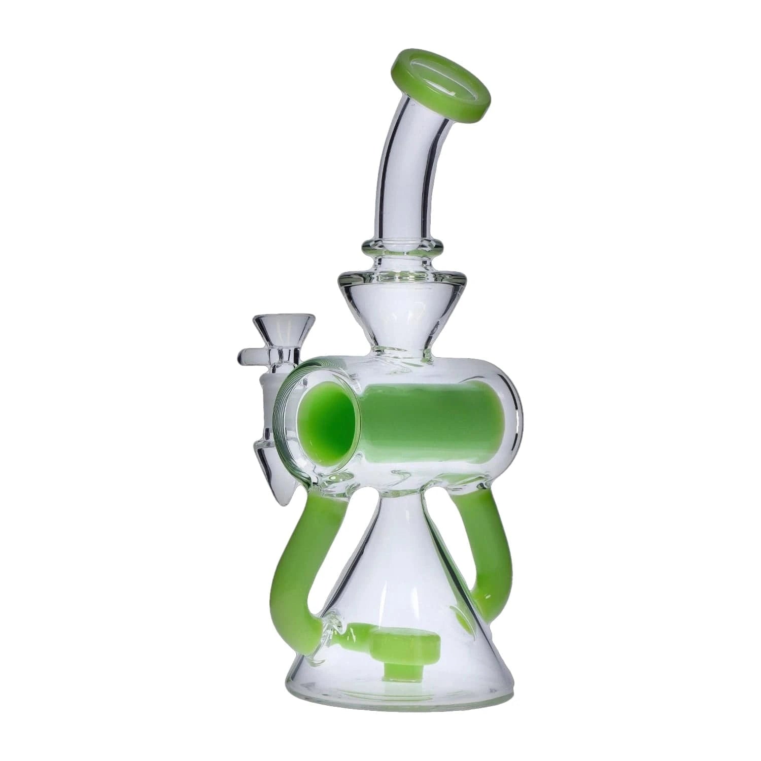 Angled front view of the DHC Barrel w/ Circ Perc Bong - 7.5 in. showing clear glass with bright green accents and tripod-style legs on a white background