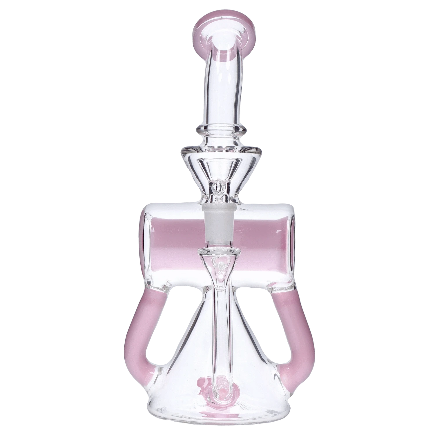 Top-down front view of the DHC Barrel w/ Circ Perc Bong - 7.5 in. showing clear glass with pink accents around the mouthpiece and dual handles.