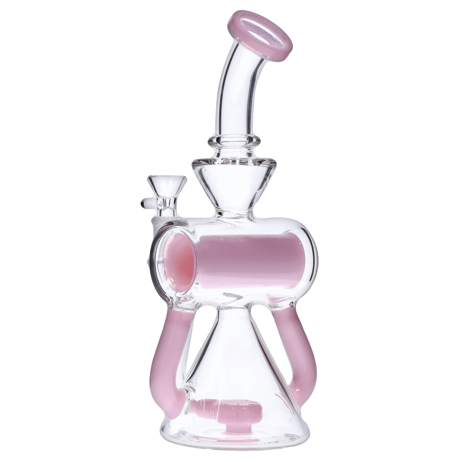 Front view of the DHC Barrel w/ Circ Perc Bong - 7.5 in. showing a clear glass body with pink-accented cylindrical chamber, angled mouthpiece, and tripod legs.