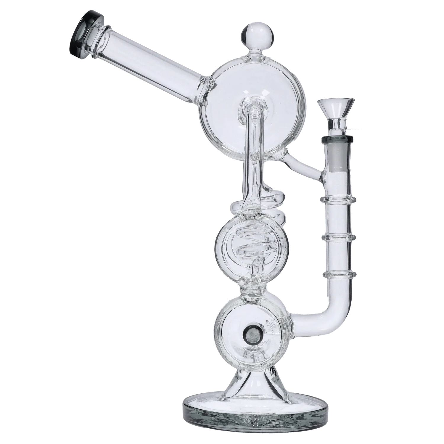 Angled side view of the clear glass DHC Barrel w/ Inline Perc Bong - 13 in., showing its stacked spherical chambers and tilted mouthpiece.