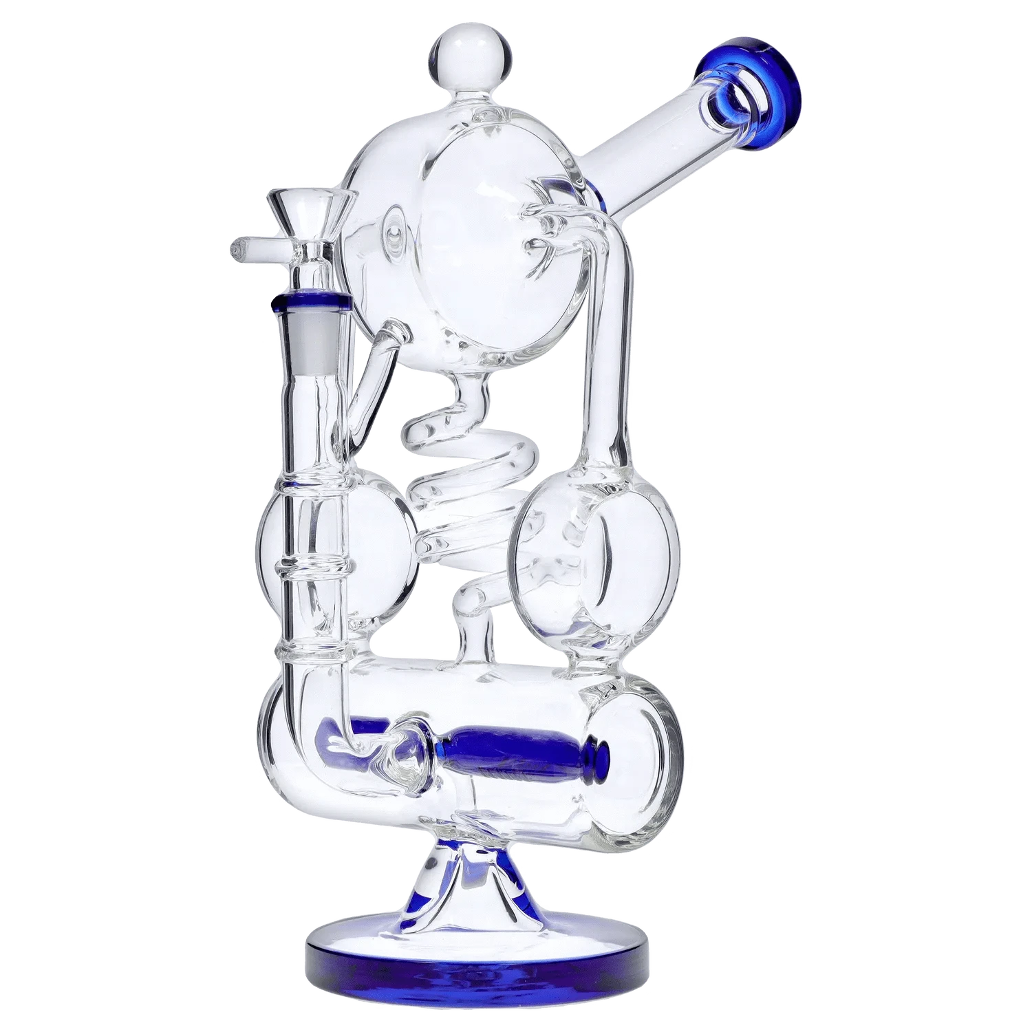 Angled close-up of the clear glass DHC Barrel w/ Inline Perc Bong - 13 in., showing its spiral inner tube, round chambers, and blue-rimmed mouthpiece on a reflective base