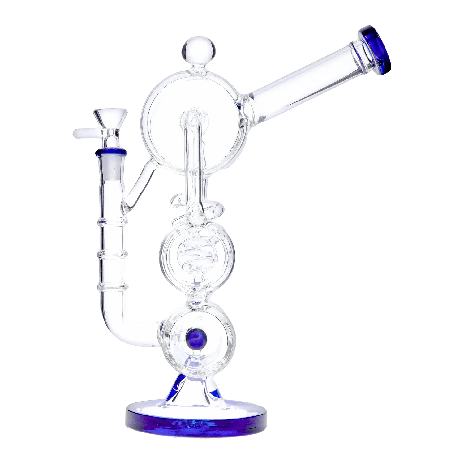 Angled side view of the clear glass DHC Barrel w/ Inline Perc Bong - 13 in. with blue-rim accents and circular inline chambers.