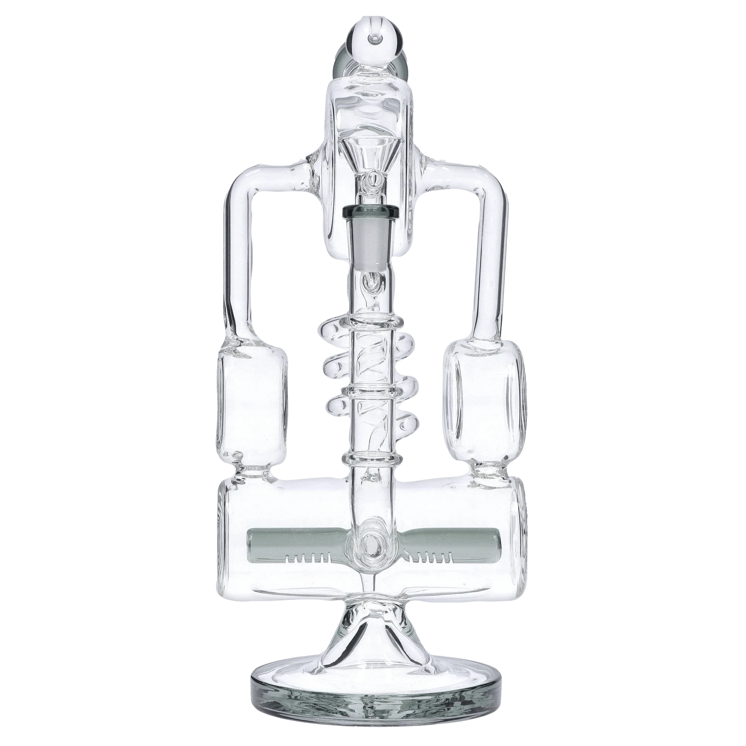 Front-facing close-up of the clear DHC Barrel w/ Inline Perc Bong - 13 in., showing its twin arms, spiral center column, and squared inline percolator against a white background