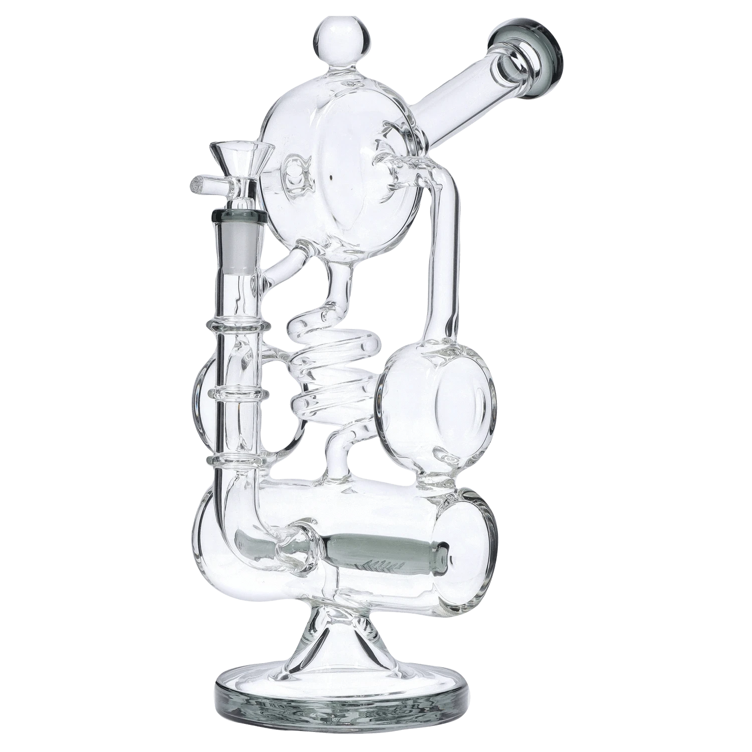 Three-quarter view of the clear DHC Barrel w/ Inline Perc Bong - 13 in., showing its spiral inner tube, round chambers, and angled mouthpiece.