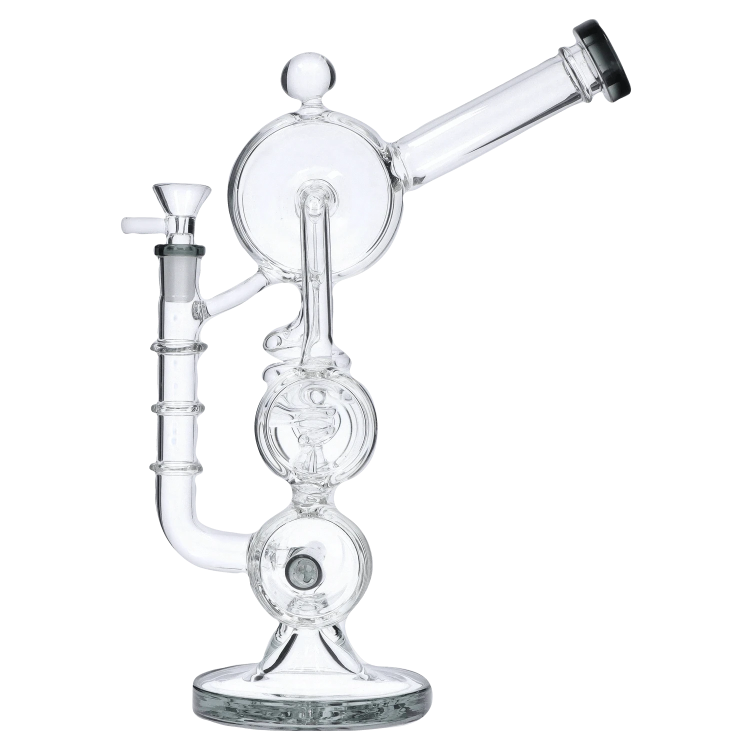 Angled side view of the clear glass DHC Barrel w/ Inline Perc Bong - 13 in., showing its stacked circular chambers and slanted mouthpiece.