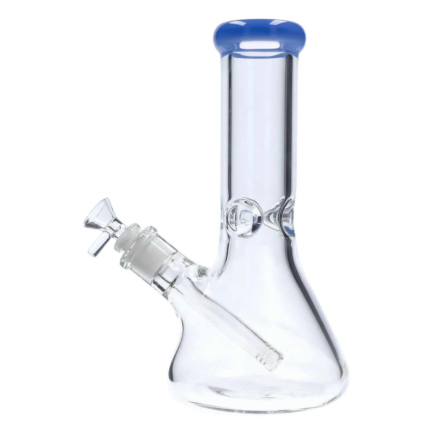 Studio-lit close-up of the DHC Beaker with Color Mouthpiece & Ice Pinch Bong - 10 in., showing its clear glass beaker body, blue rounded mouthpiece, angled downstem and ice pinch detail.