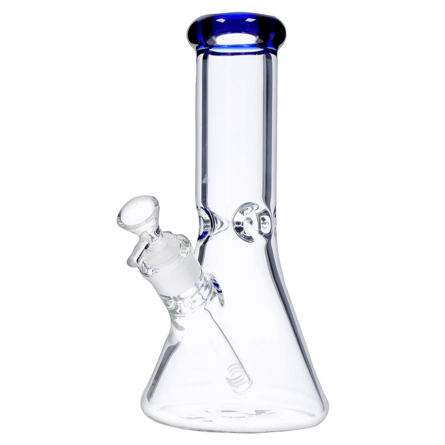 Angled close-up of the DHC Beaker with Color Mouthpiece & Ice Pinch Bong - 10 in., showing its clear glass beaker base and blue-rimmed mouthpiece.