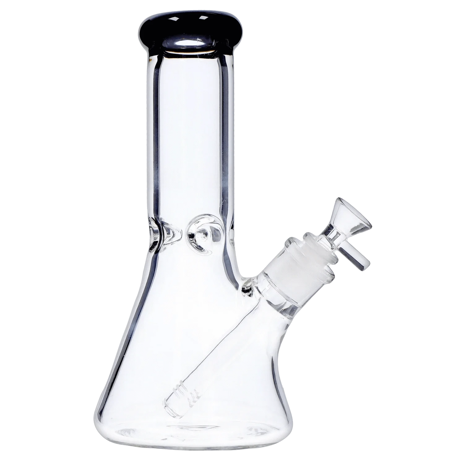 Close-up front view of the DHC Beaker with Color Mouthpiece & Ice Pinch Bong - 10 in., clear glass beaker body with angled downstem and removable bowl.