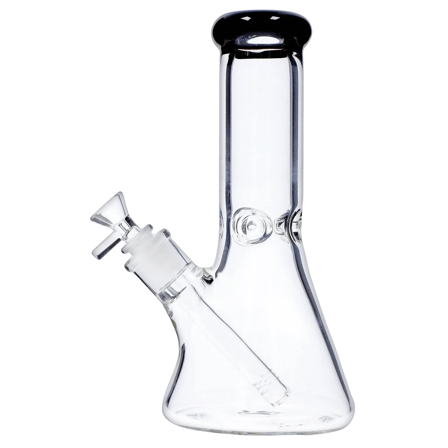 Angled close-up of the clear DHC Beaker with Color Mouthpiece & Ice Pinch Bong - 10 in., showing its slanted joint and rounded mouthpiece against a white background