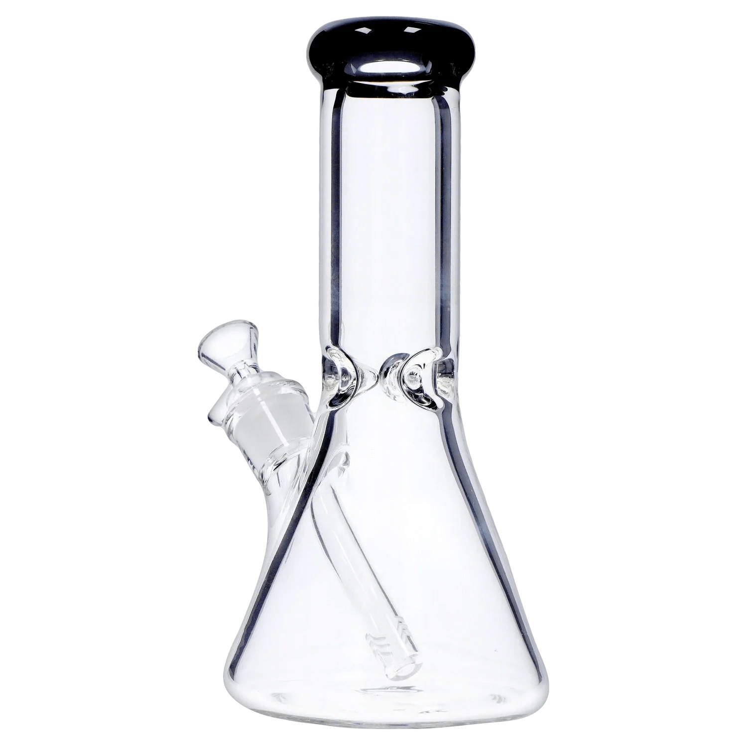 Close-up front view of the clear glass DHC Beaker with Color Mouthpiece & Ice Pinch Bong - 10 in., showing its straight neck, angled downstem and beaker base.